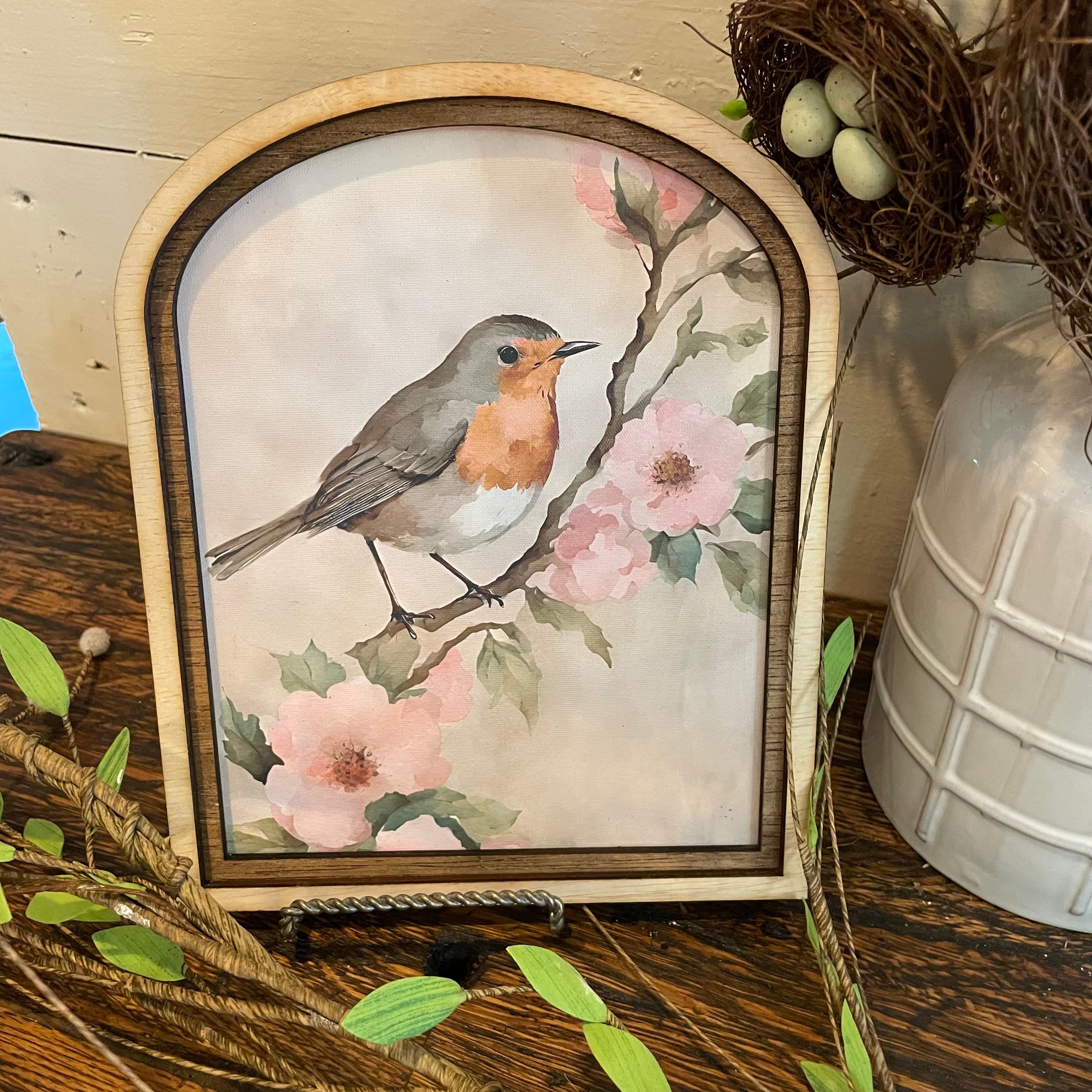 Robin Bird on flowering branch Canvas Print in Arched Frame