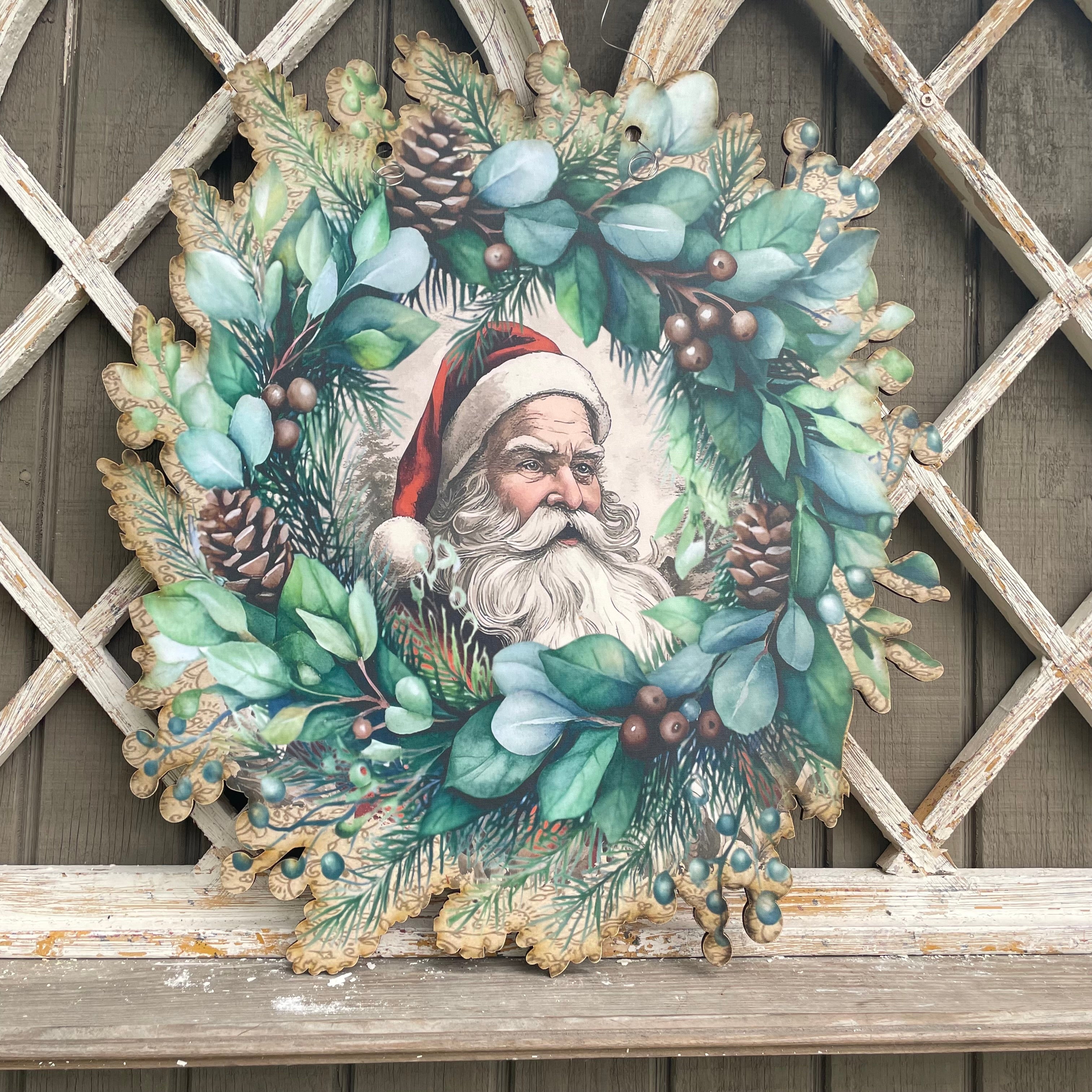 Santa with Green Wreath and blueberries Door Hanger