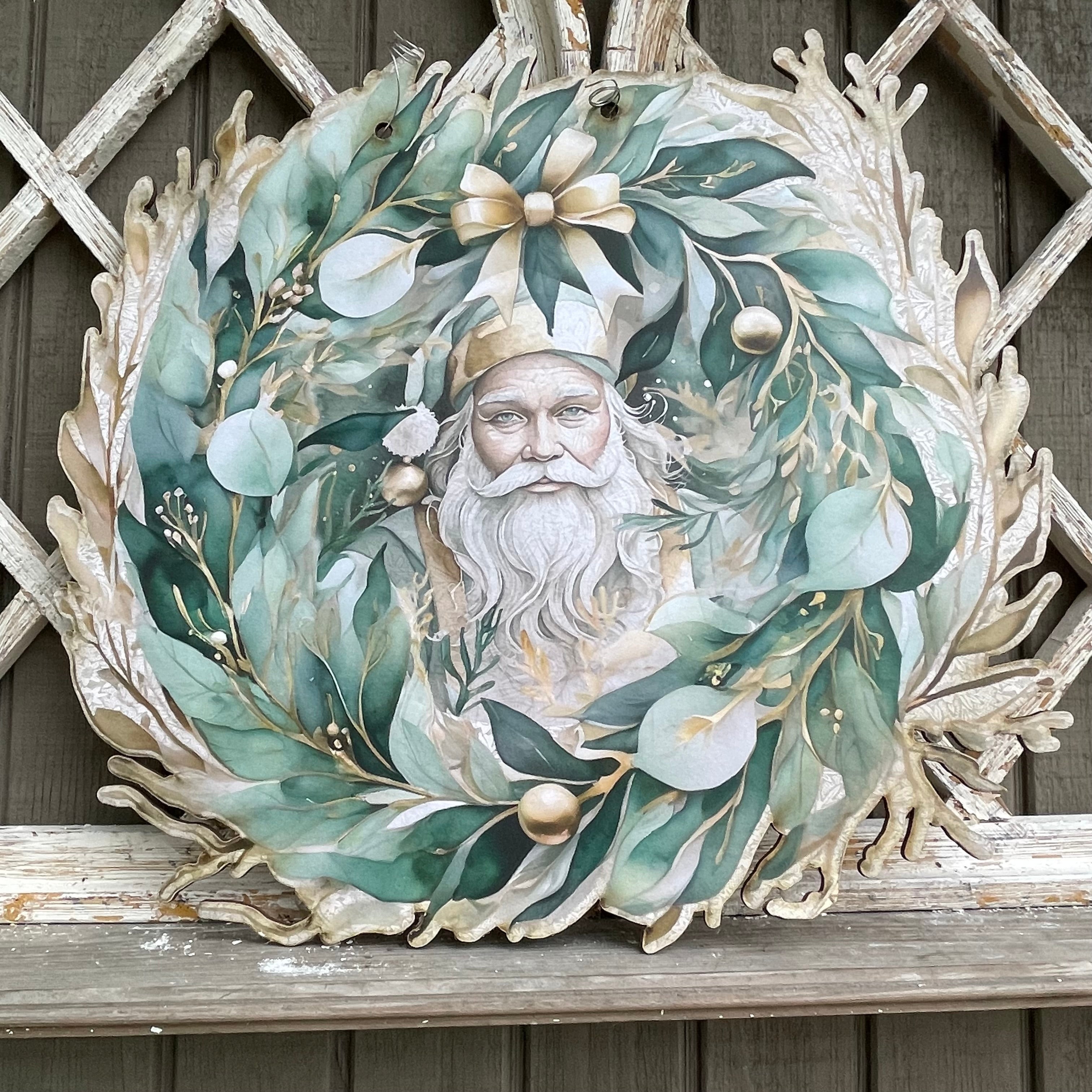 Santa Claus encircled in Green and Gold Leaves Door Hanger