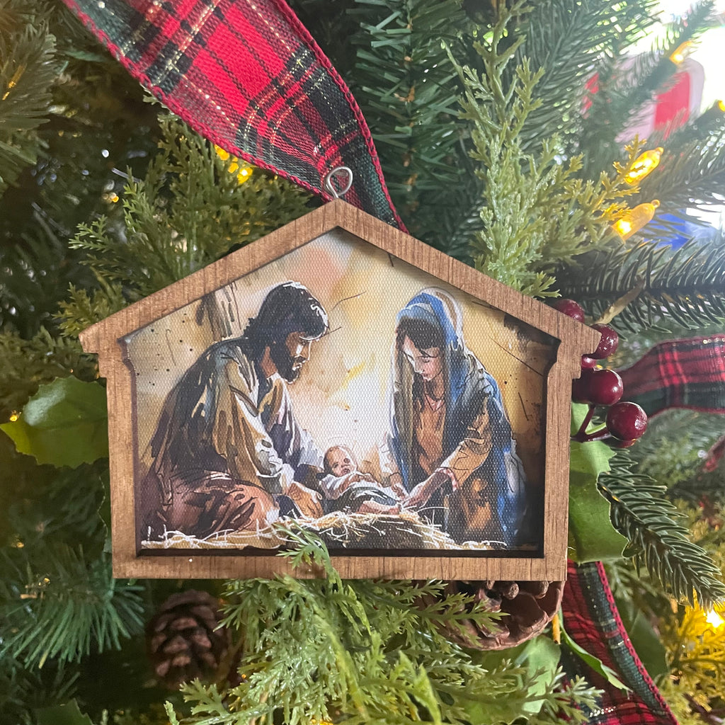 Colorful Nativity in stable ornament 