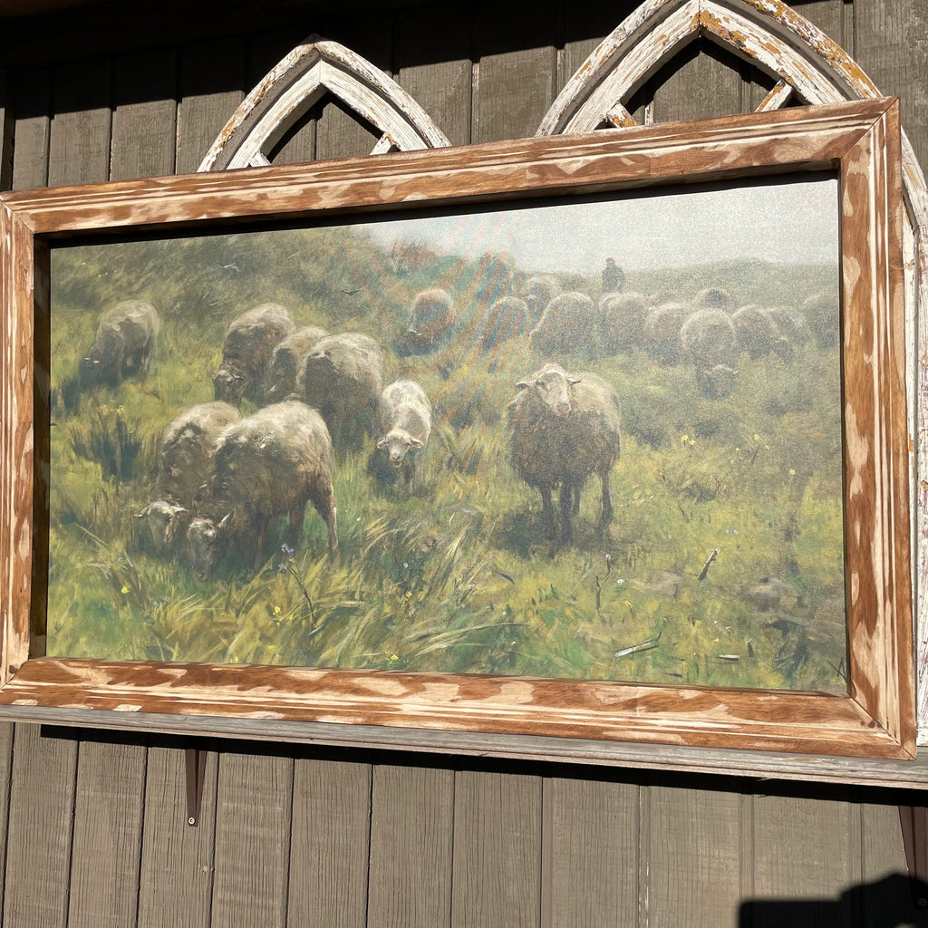 Lambs Grazing on a Hillside Canvas print framed