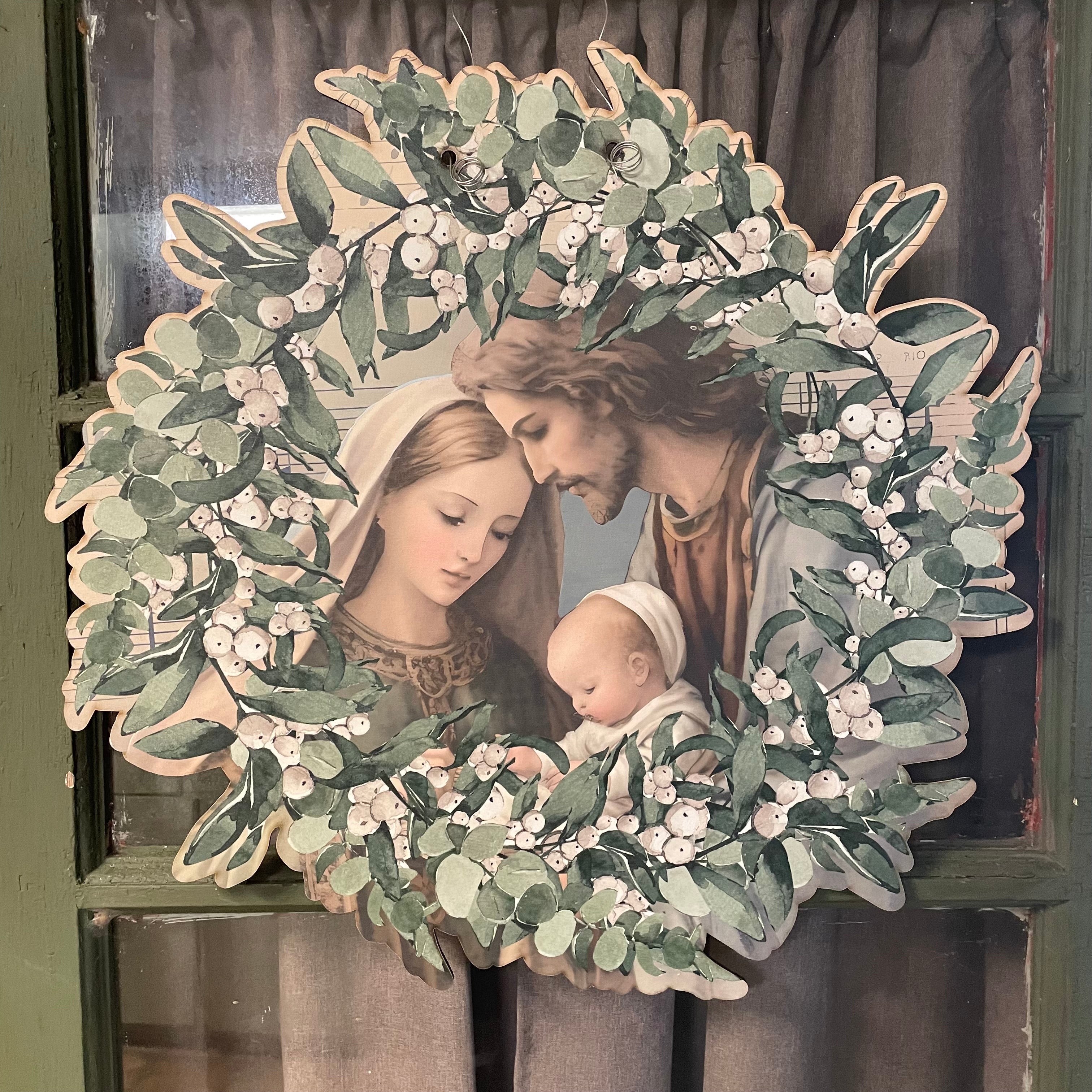Holy Family encircled in Green Leaves Door Hanger