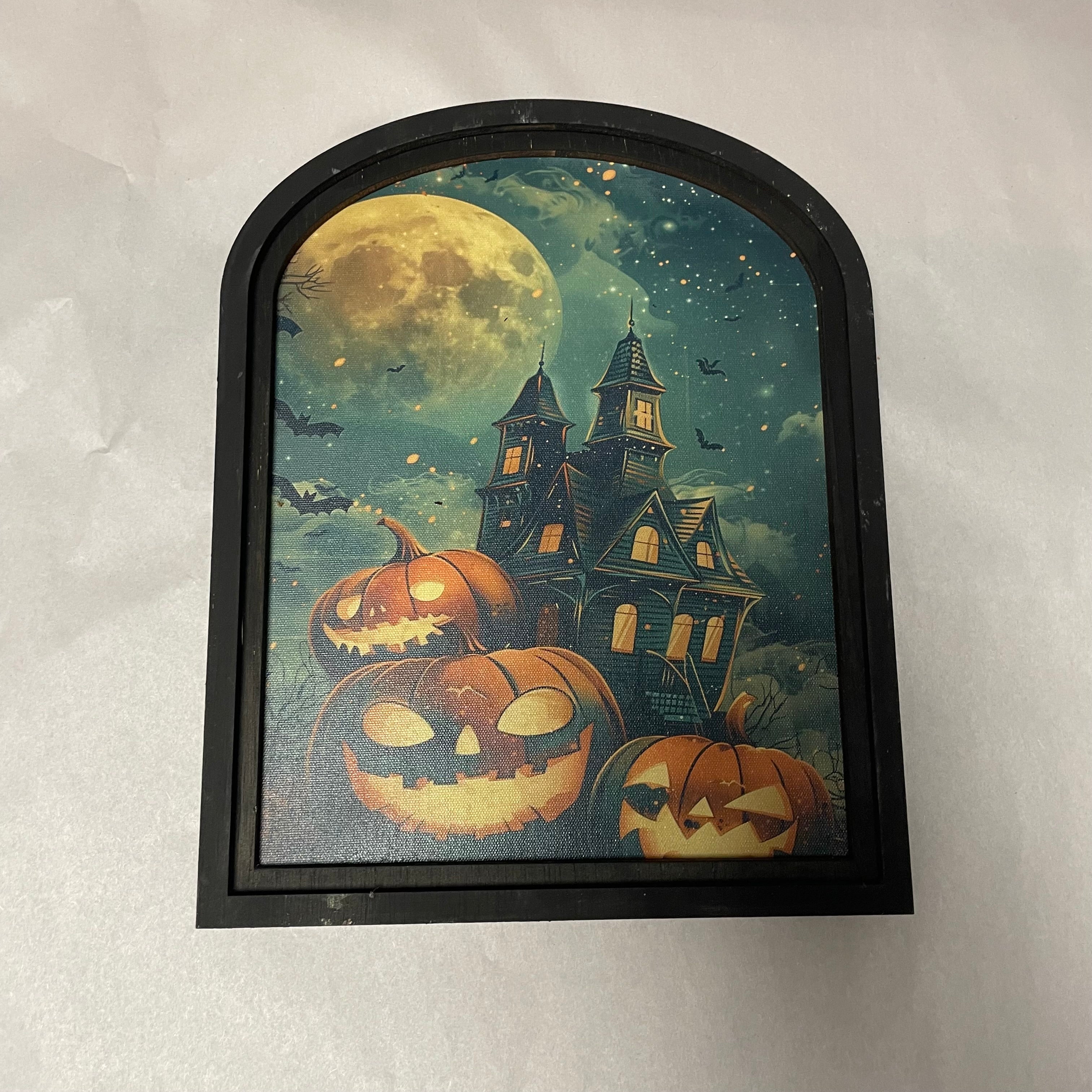Haunted House and Jacko lanterns canvas print in small arch