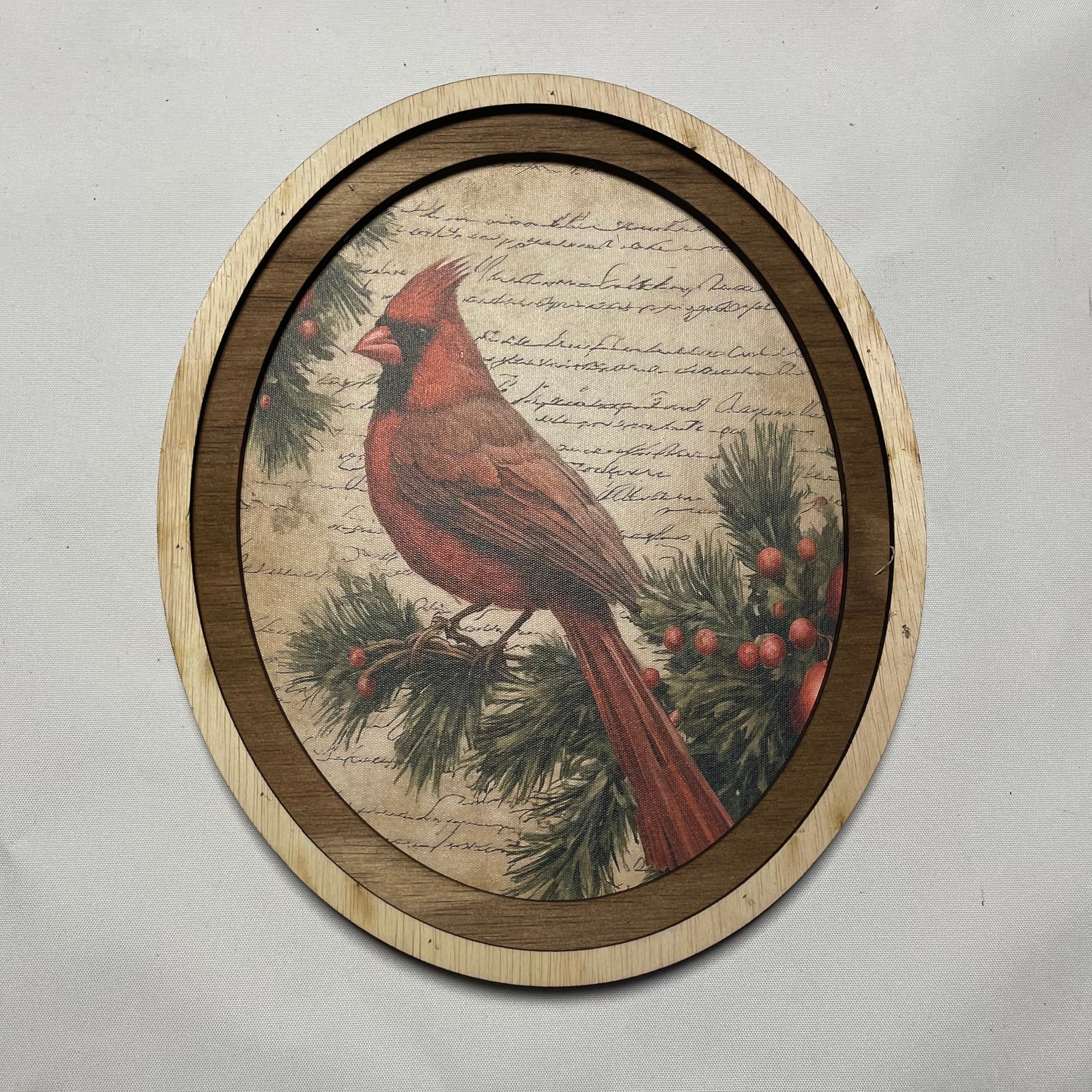 Red Cardinal on branch with 2 tone frame