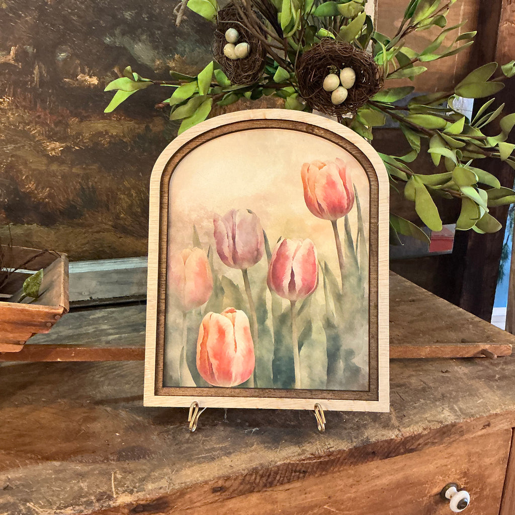 Meadow of Blooming tulips in Arched Frame