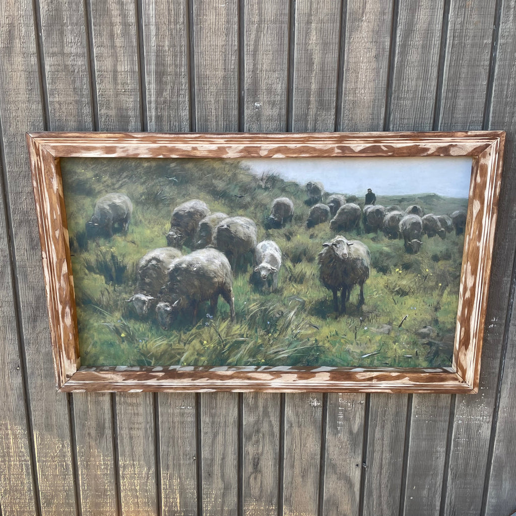 Lambs Grazing on a Hillside Canvas print framed
