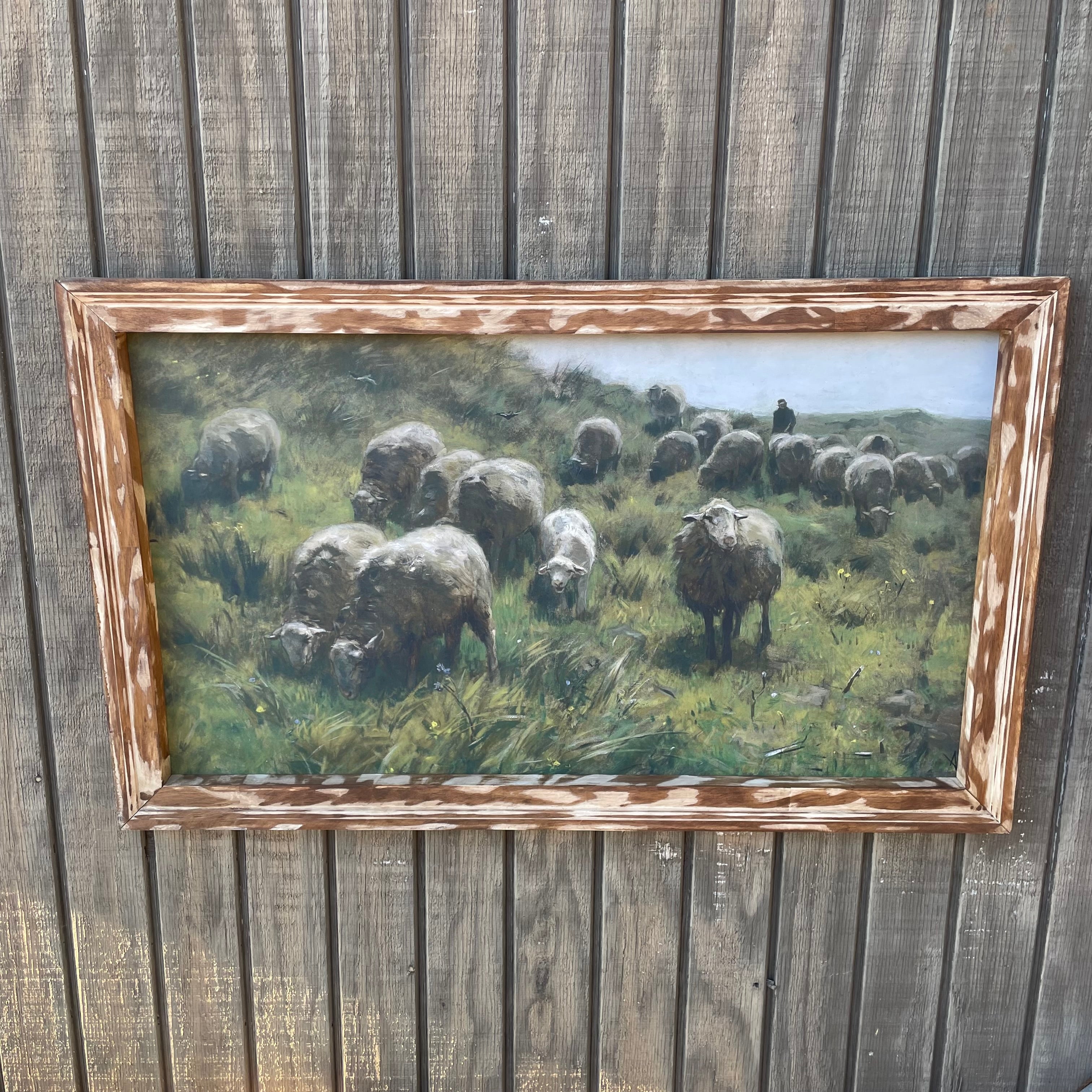 Lambs Grazing on a Hillside Canvas print framed