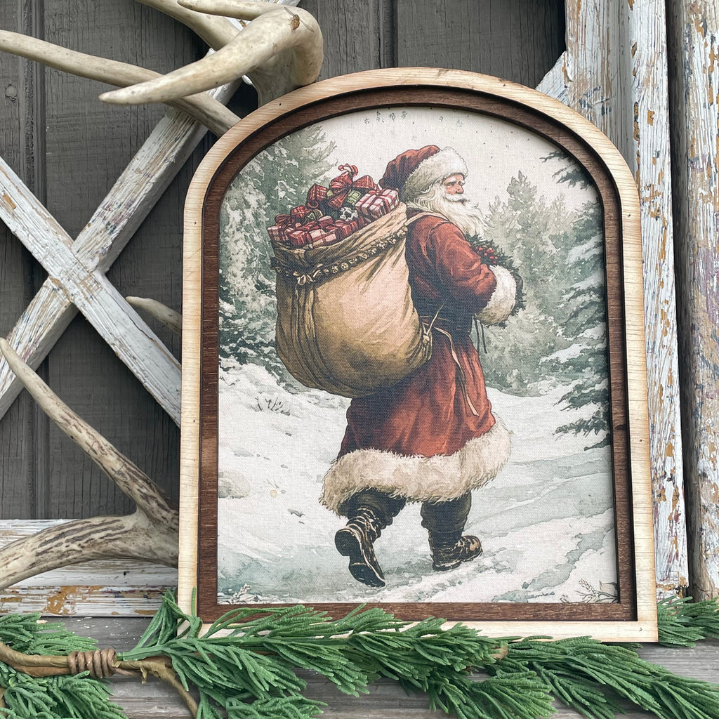 Santa on Snowy Path in Arched Frame