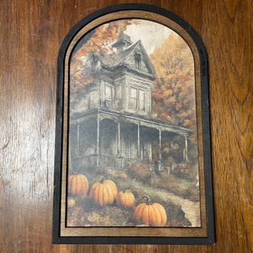 Fall Victorian Farmhouse with Pumpkins framed in Med Arch