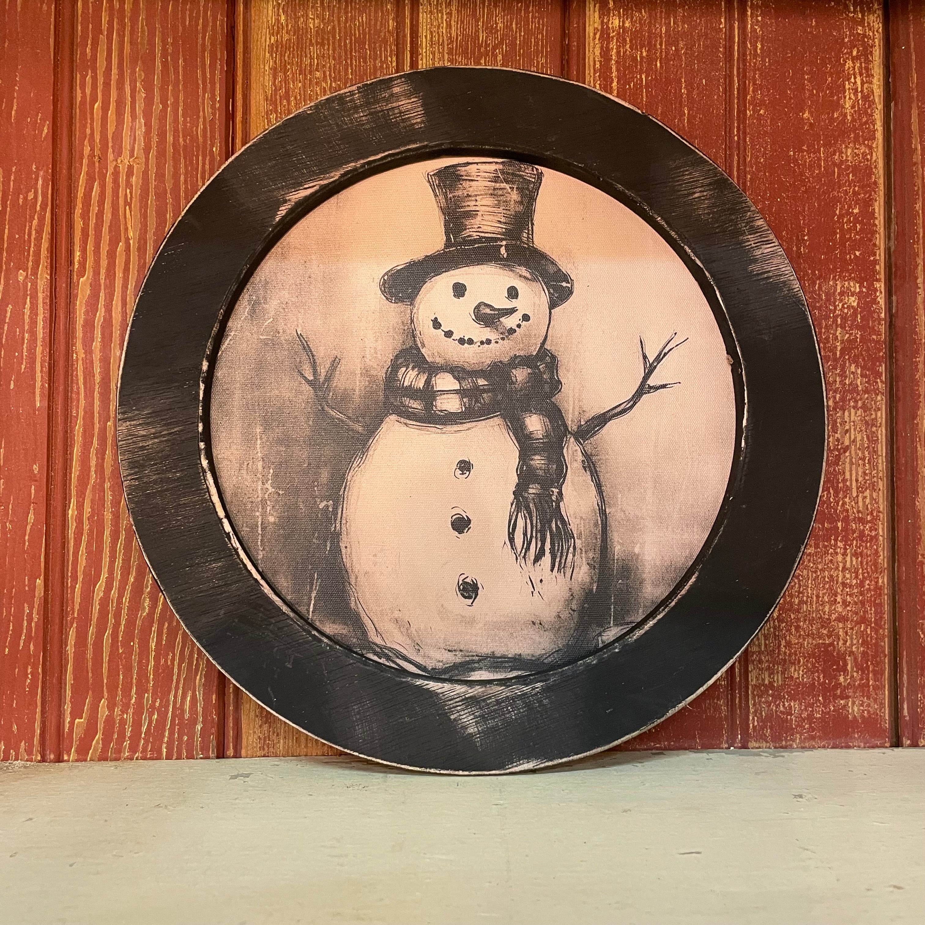 Round Snowman Black and White Framed Canvas