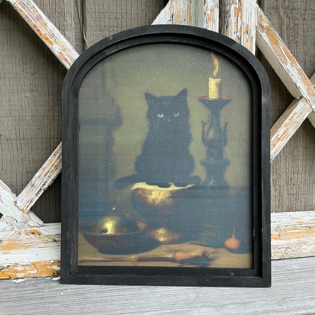 Black Cat and Candles Canvas Print in Small Arched Frame