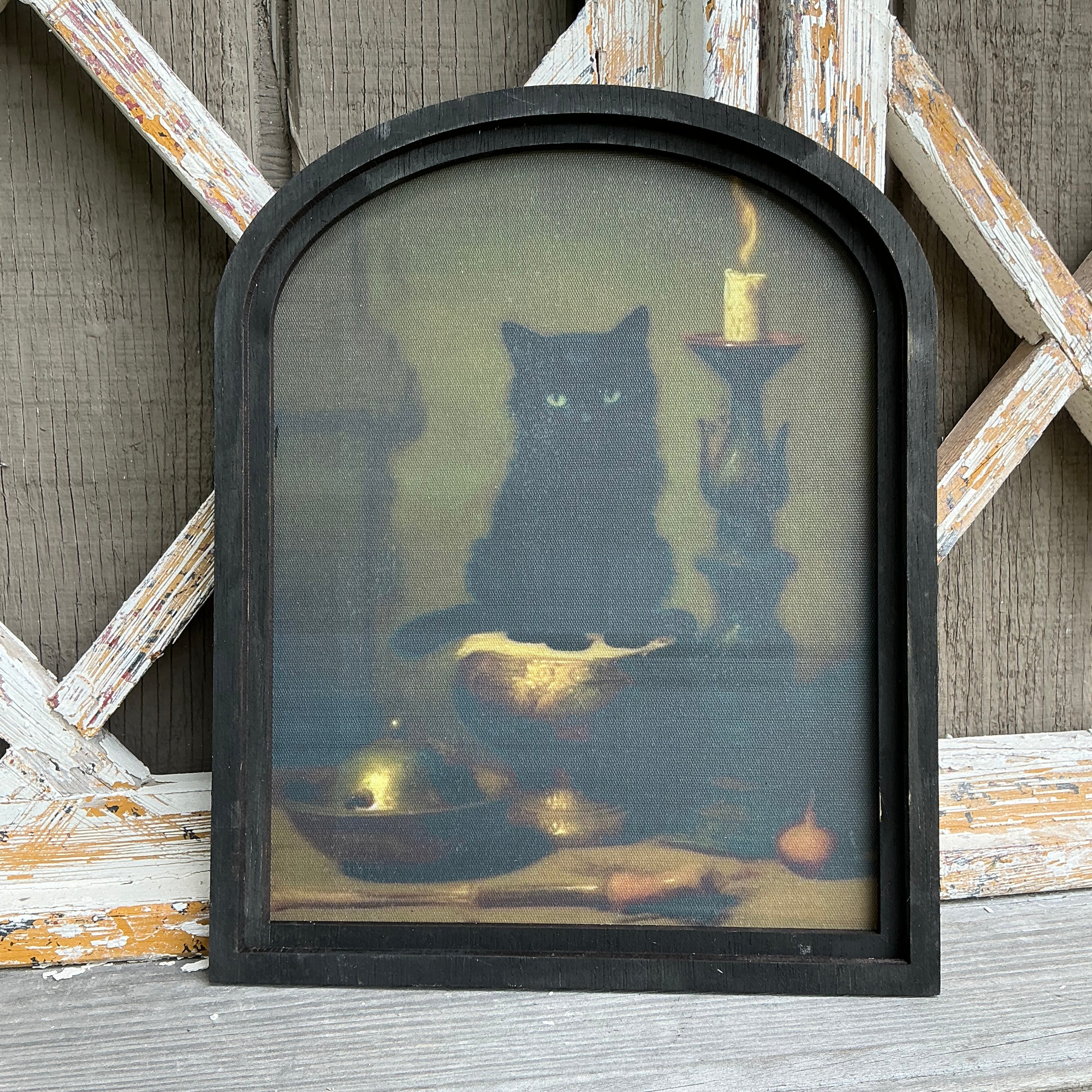 Black Cat and Candles Canvas Print in Small Arched Frame