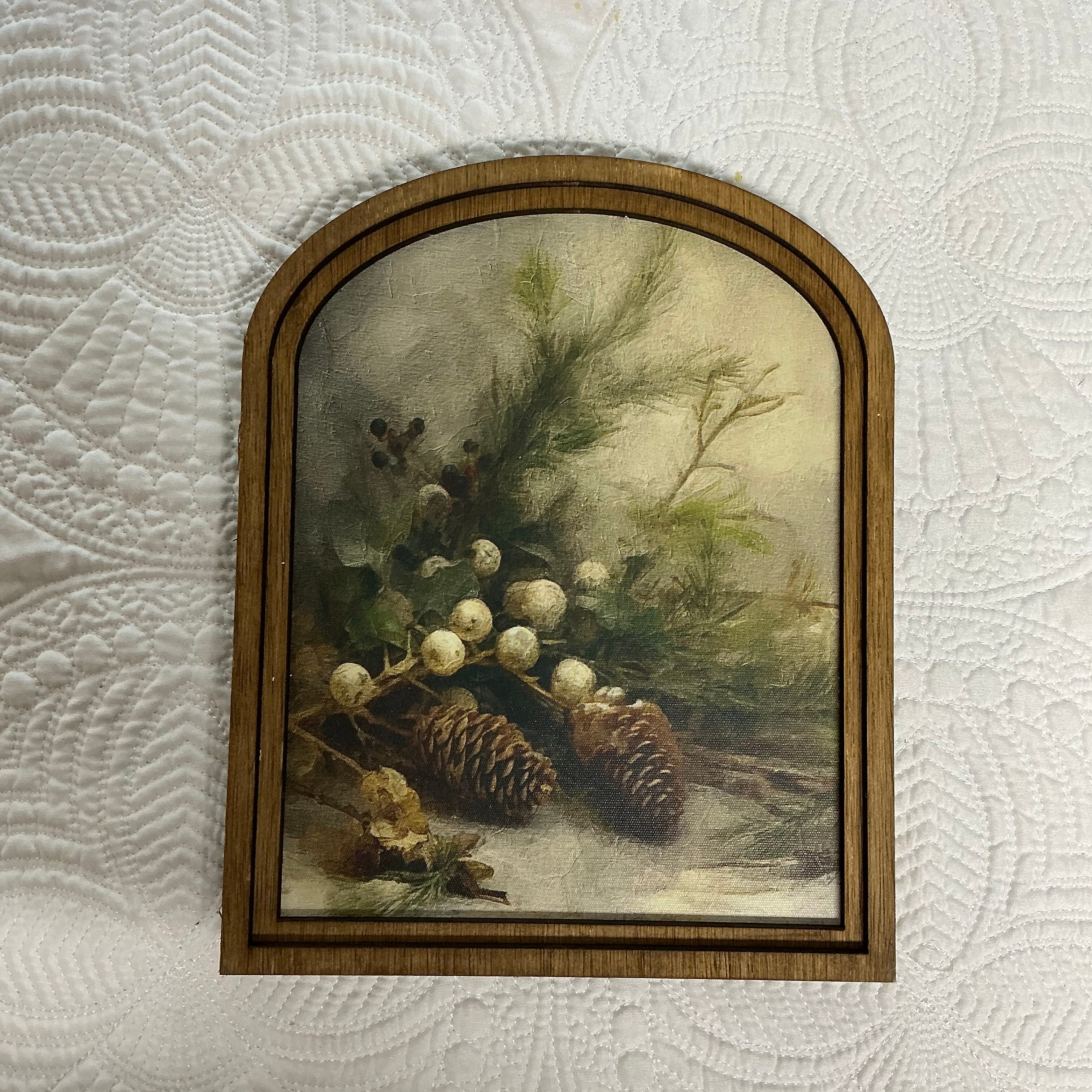 Pine and Berries Canvas in Arched Frame