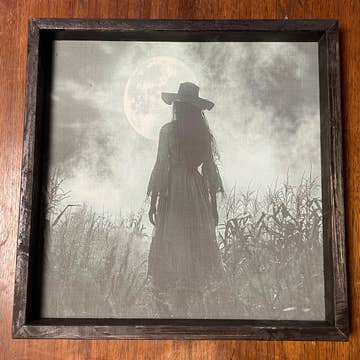 WITCH LOOKING AT MOON FRAMED PRINT