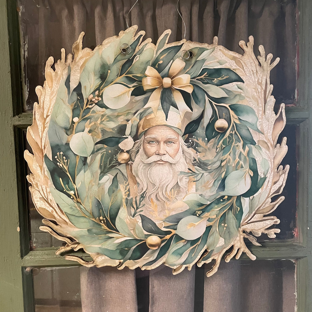 Santa Claus encircled in Green and Gold Leaves Door Hanger