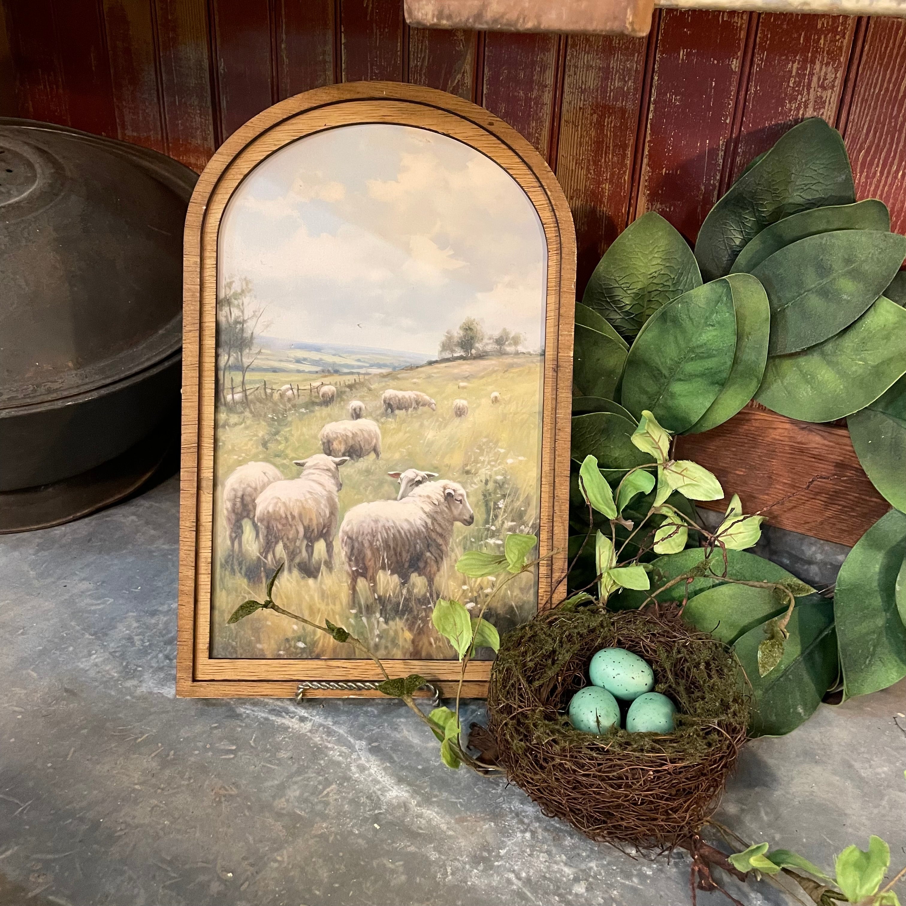 Pastoral Spring Lambs Canvas Print Framed in Medium Arch