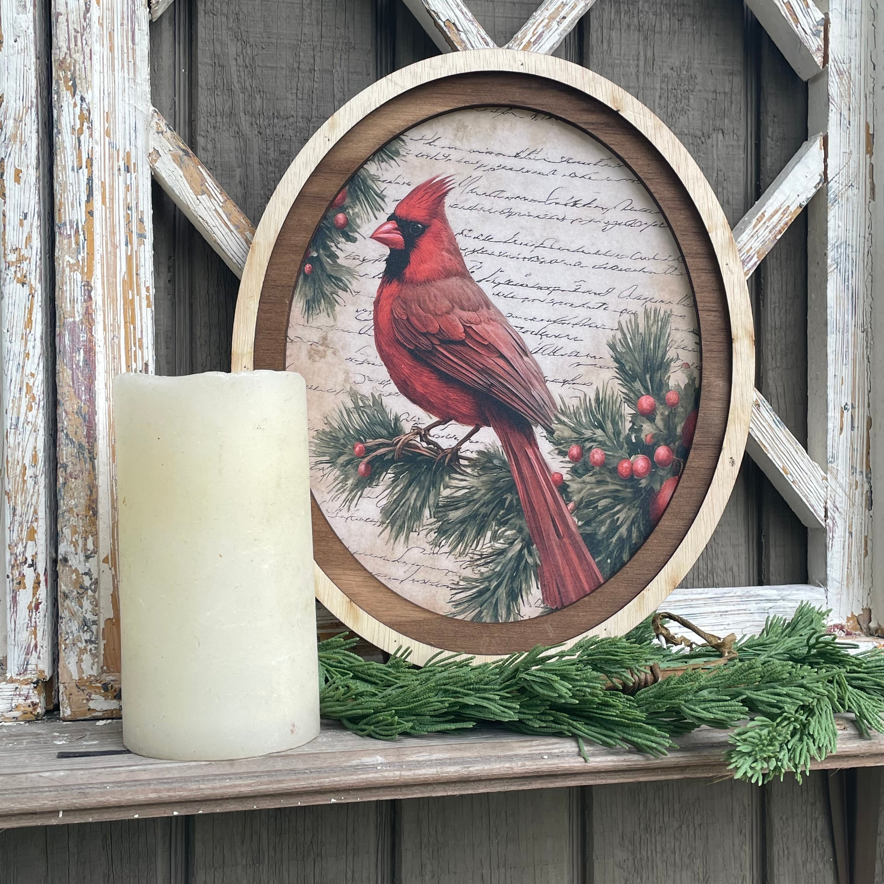 Red Cardinal on branch with 2 tone frame