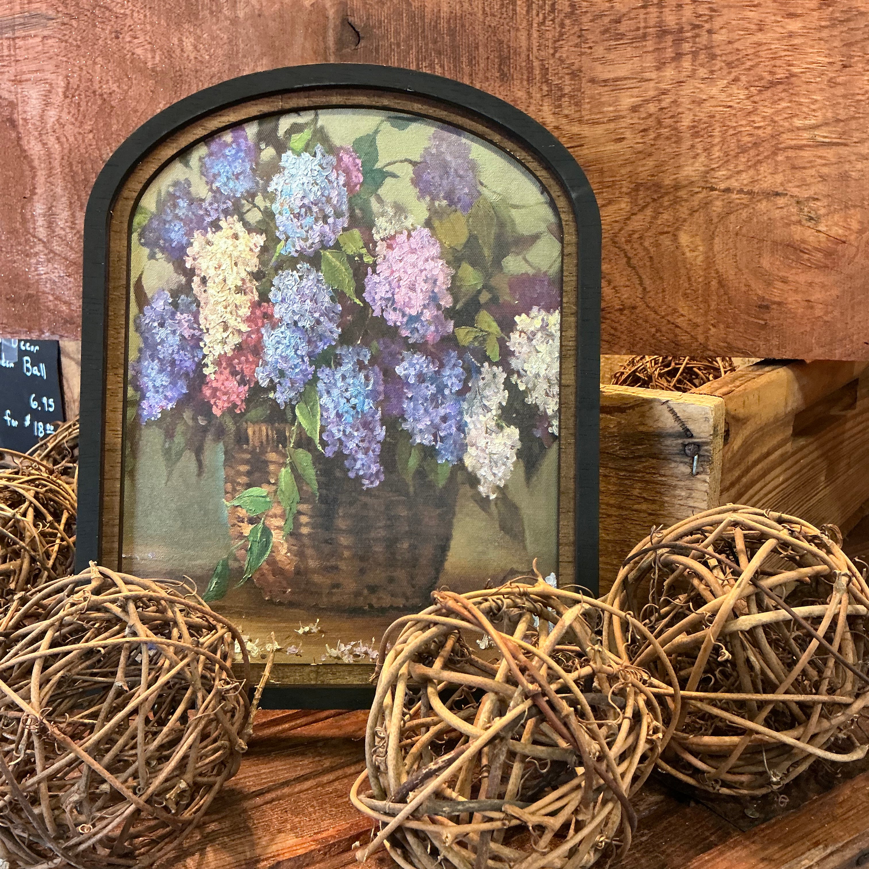 Blue, Pink, and White Hydrangeas in a Basket Frame