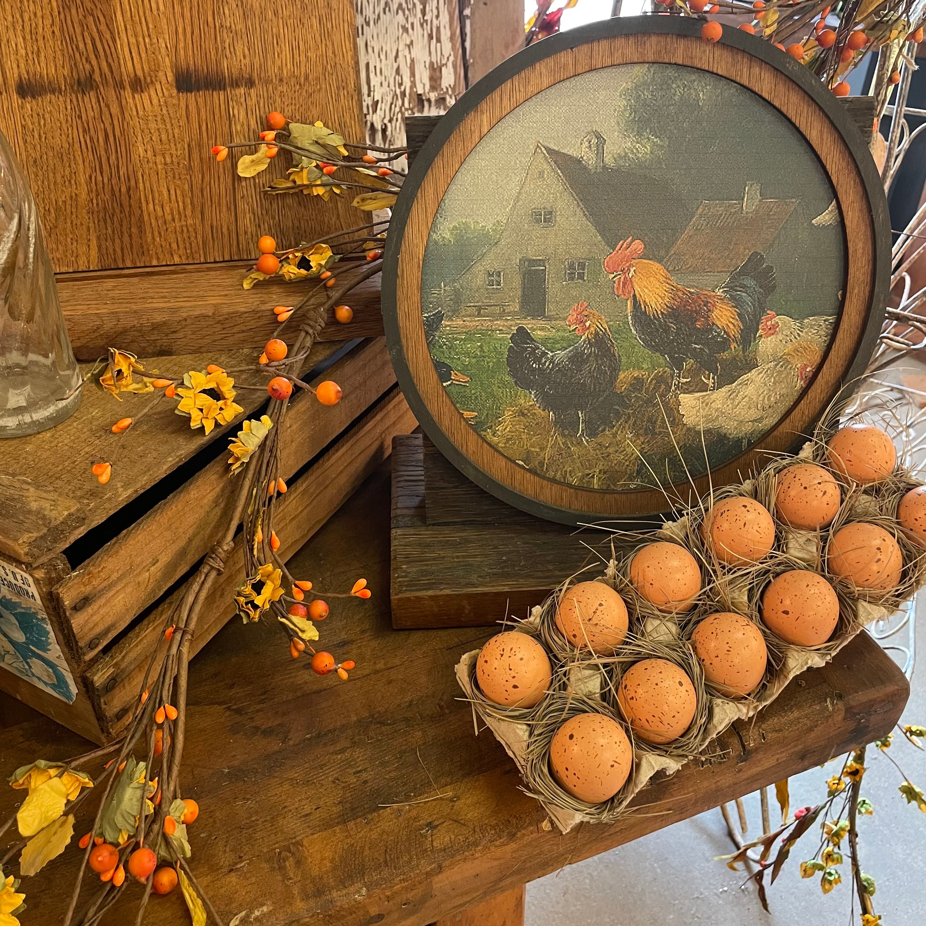 Chickens in Barnyard Framed Canvas Print Round