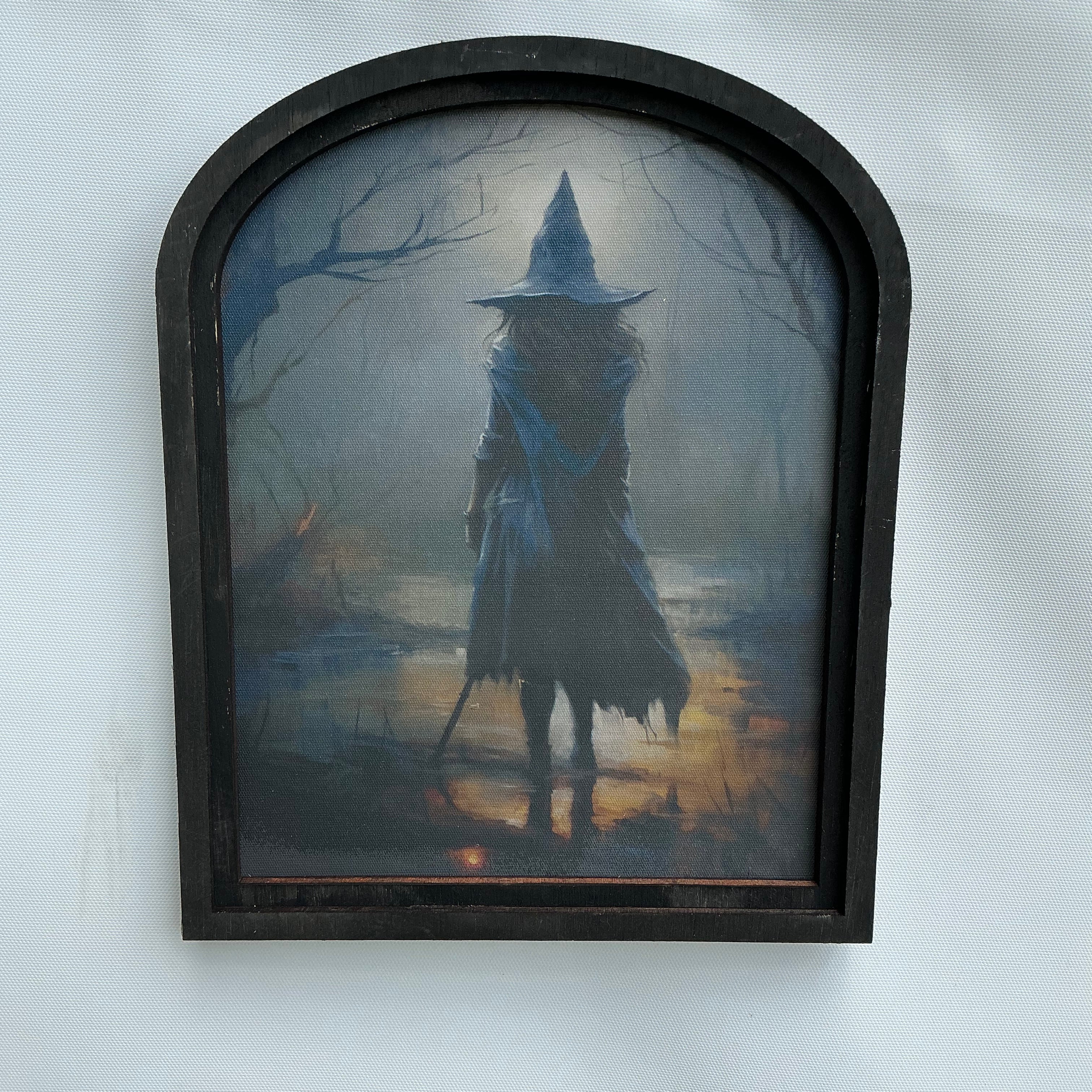 Witch in moonlit forest Canvas Print in Small Arched Frame
