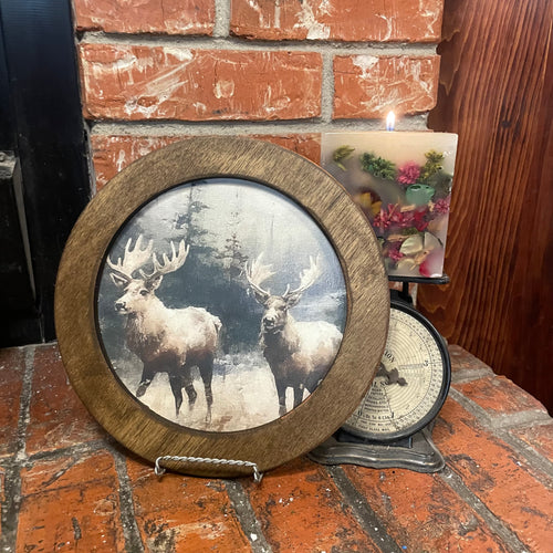 10" Deer in Snowy Forest in Round Frame