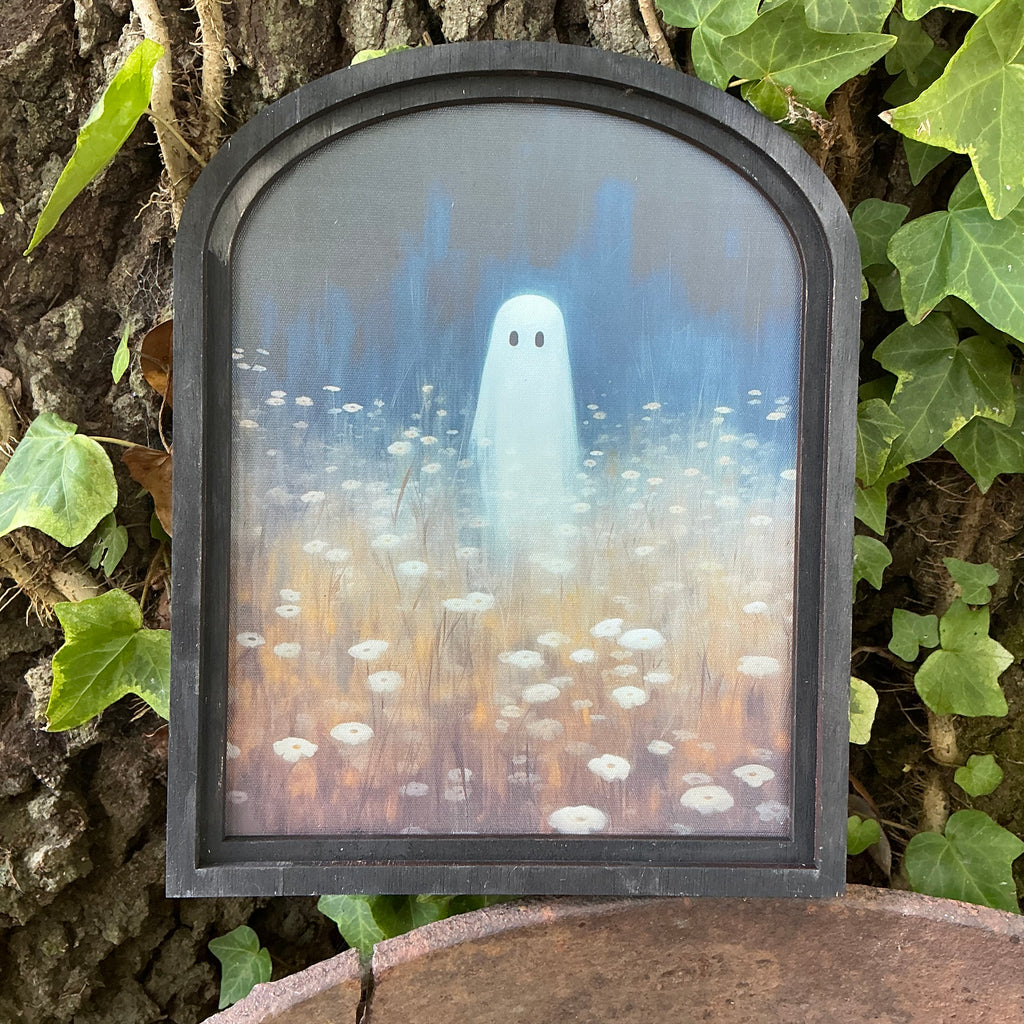 Ghost in field of daisies Canvas Print in Small Arch Frame