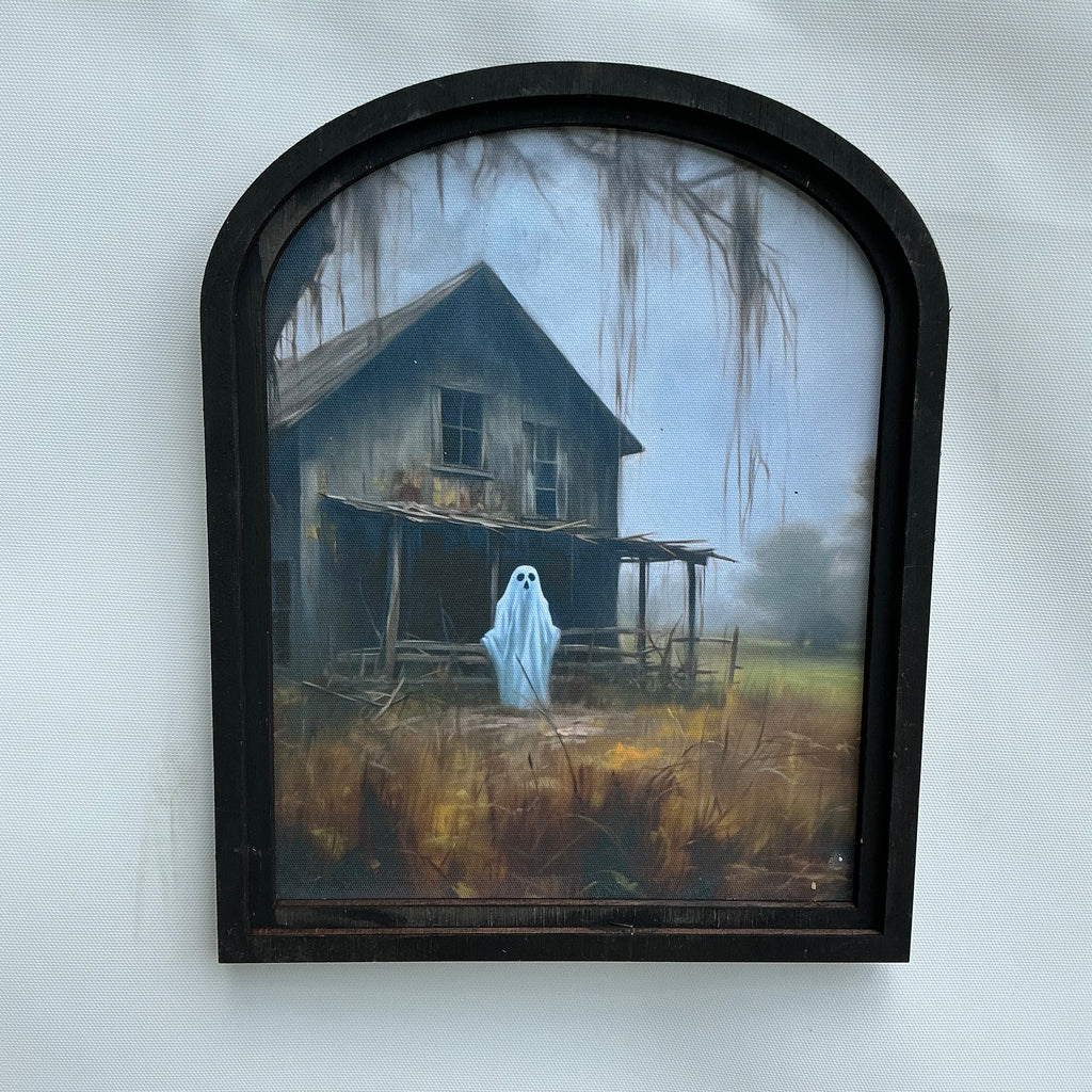 Ghost at the Barn Canvas Print in Small Arch Frame