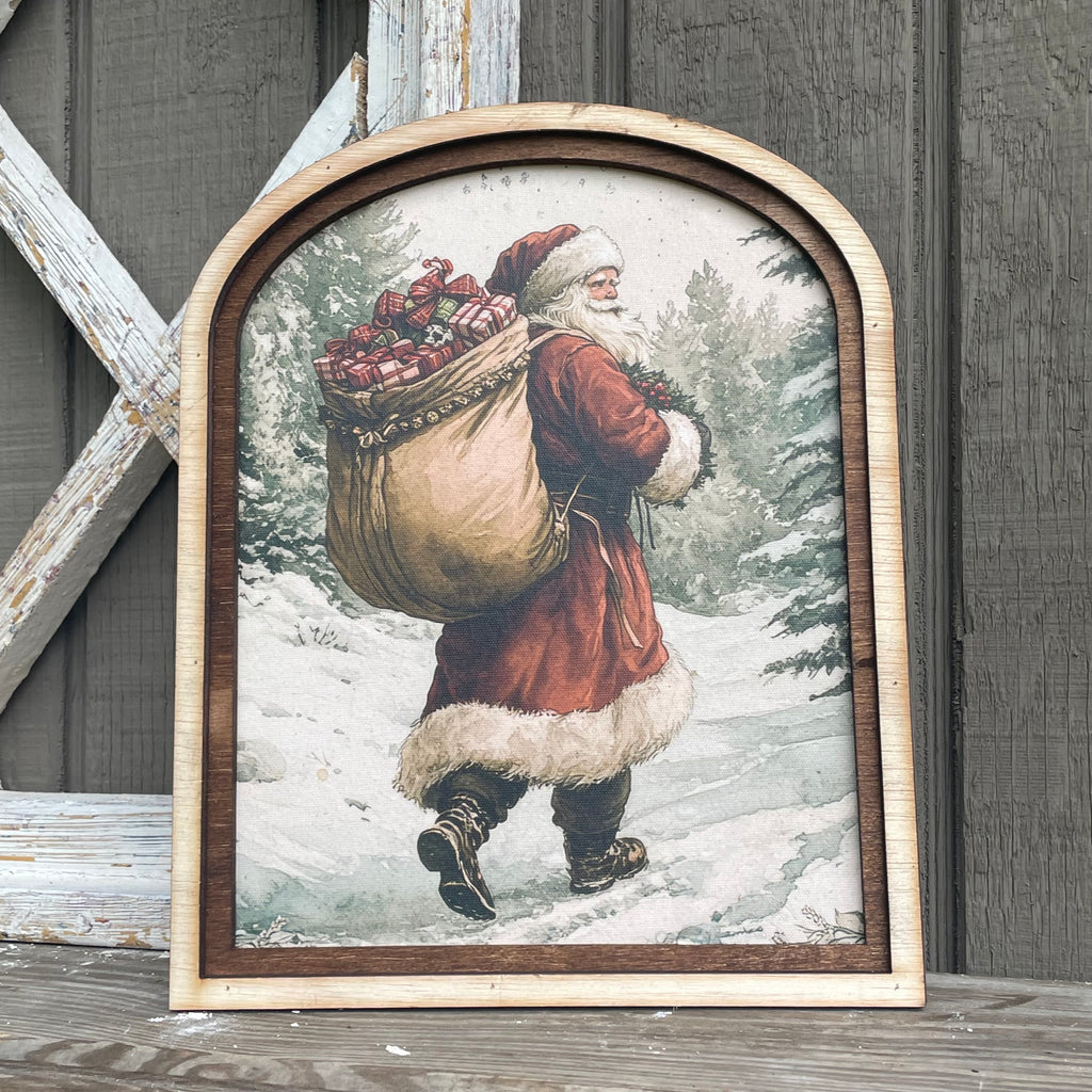 Santa on Snowy Path in Arched Frame