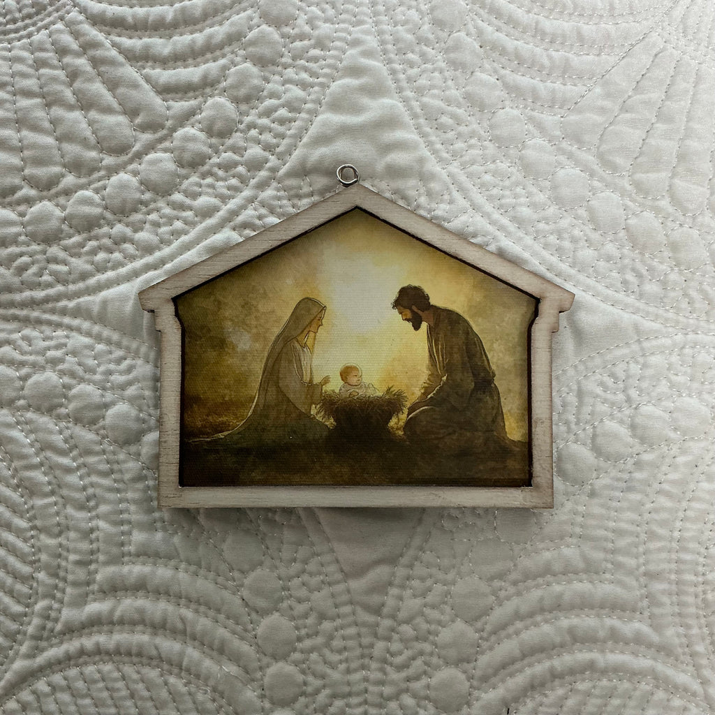 White and Gold Nativity stable ornament  