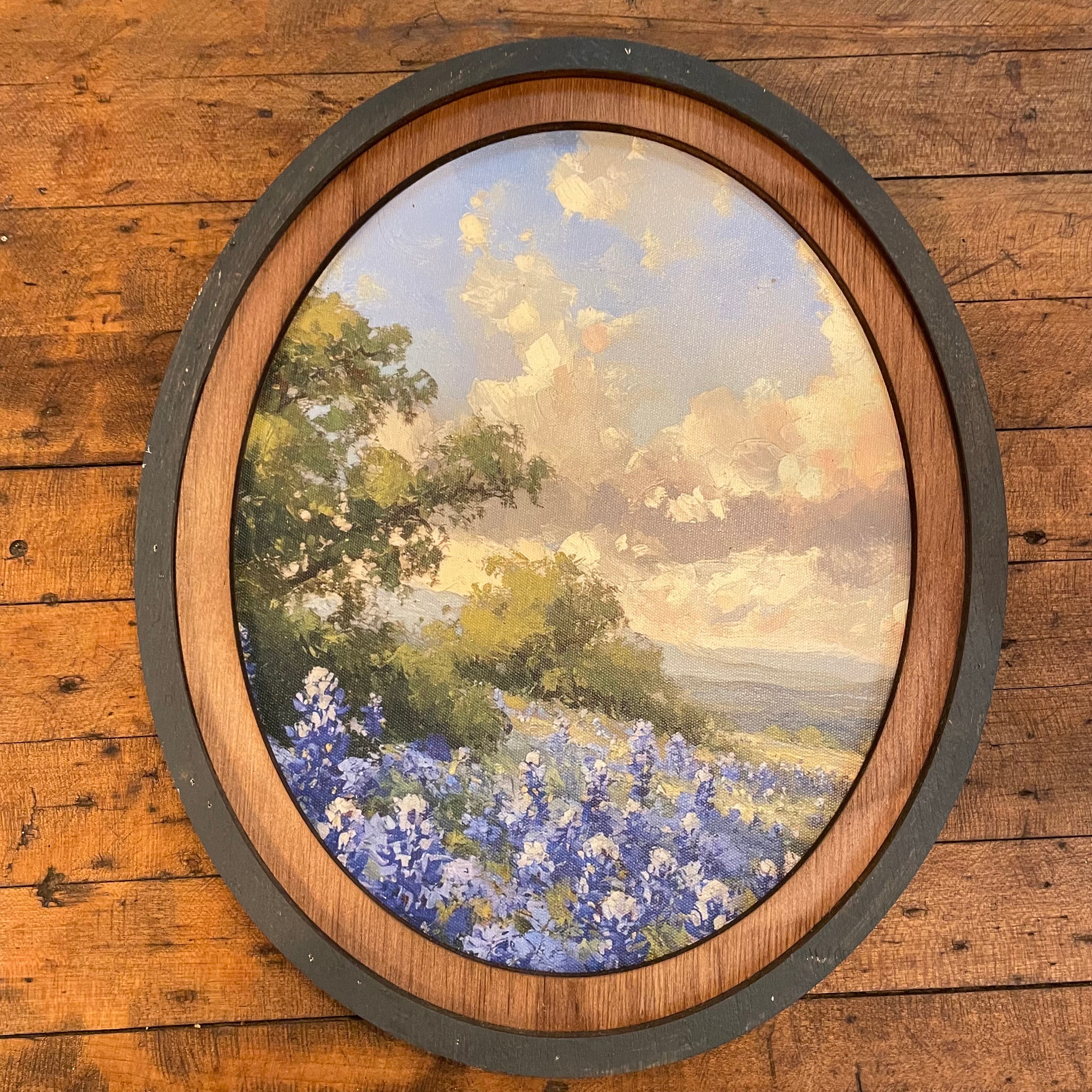 Bluebonnets Mountains Canvas Print framed in Oval Frame