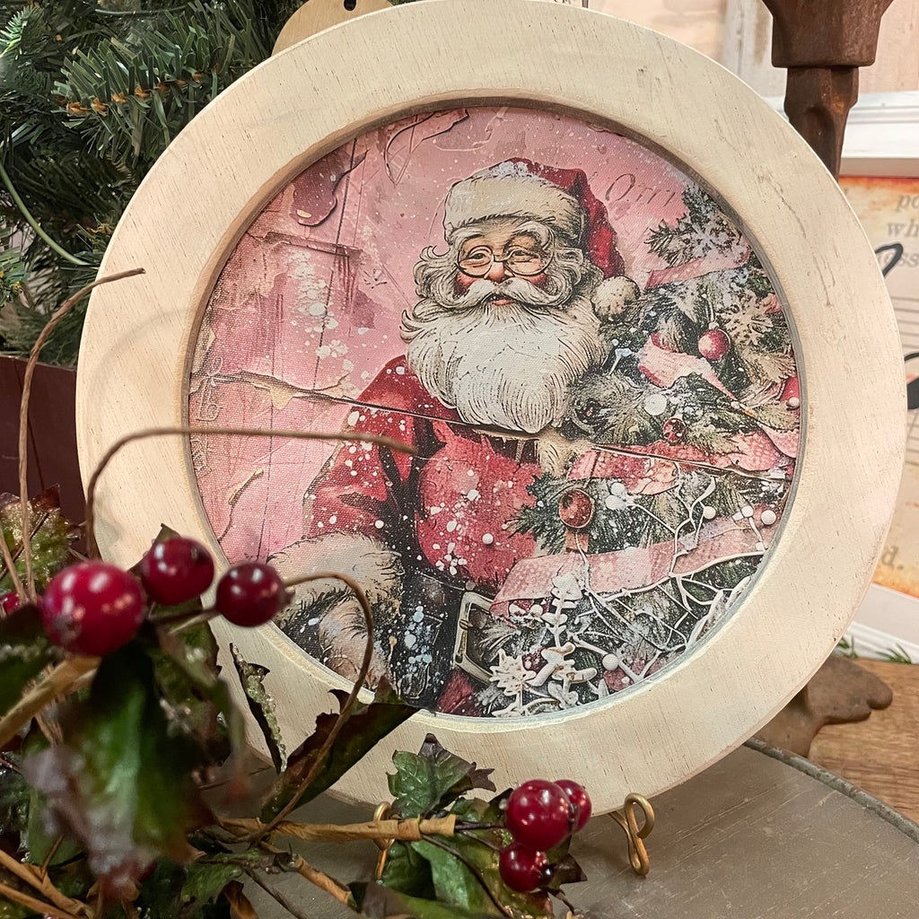Round Pink Santa Framed Canvas