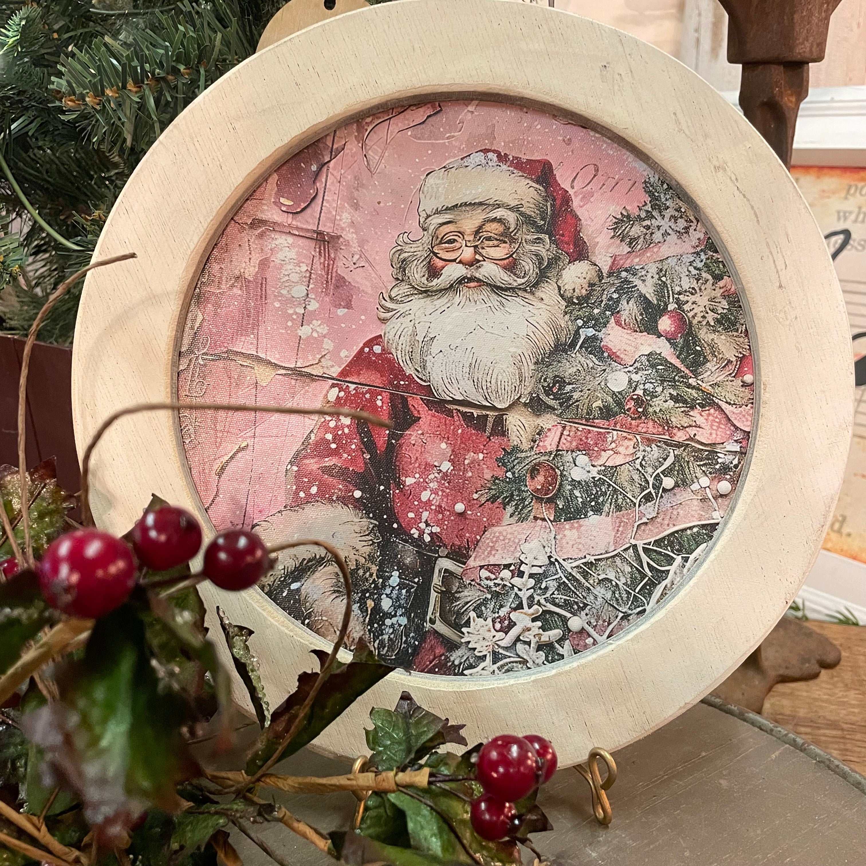 Round Pink Santa Framed Canvas