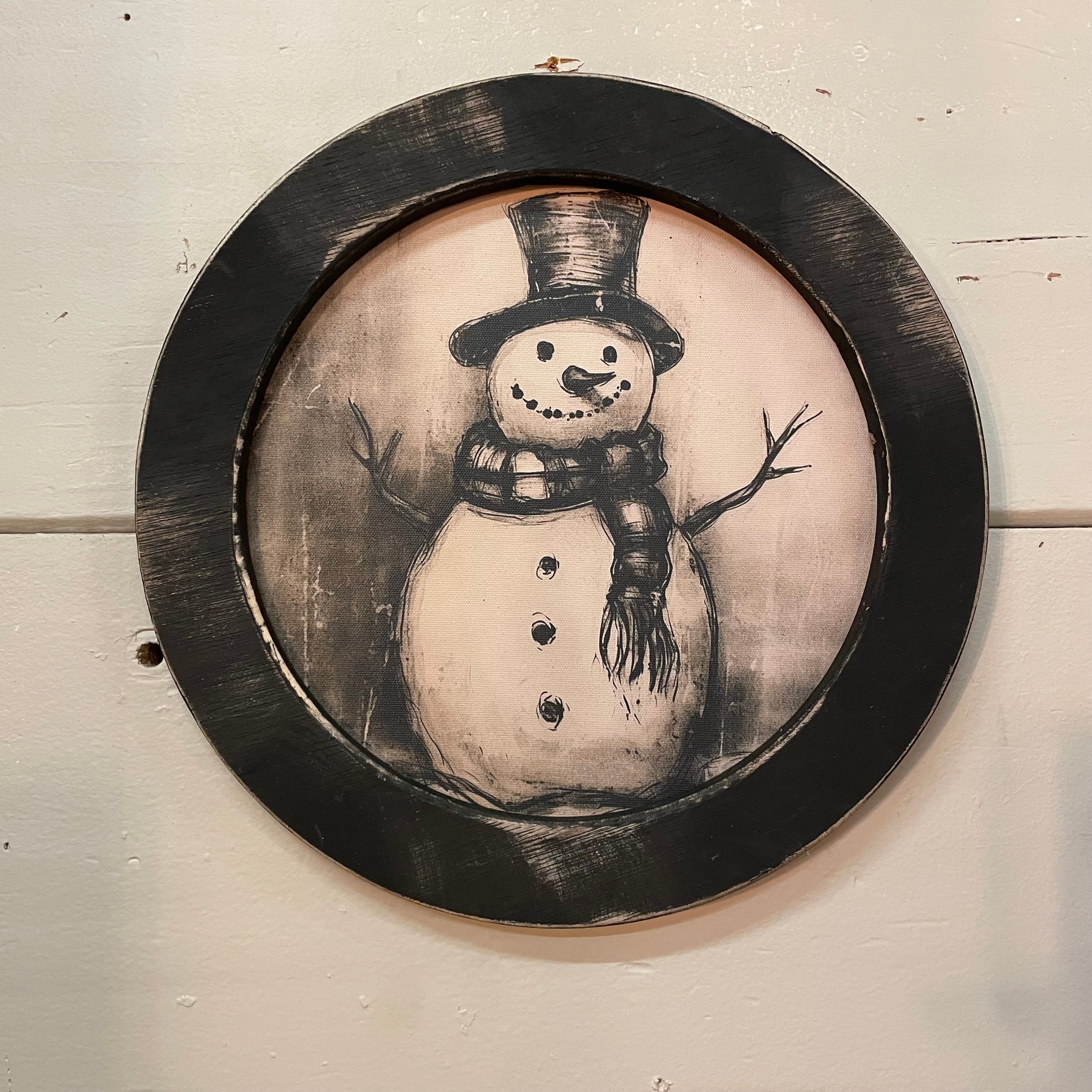 Round Snowman Black and White Framed Canvas