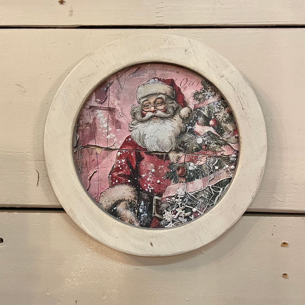 Round Pink Santa Framed Canvas