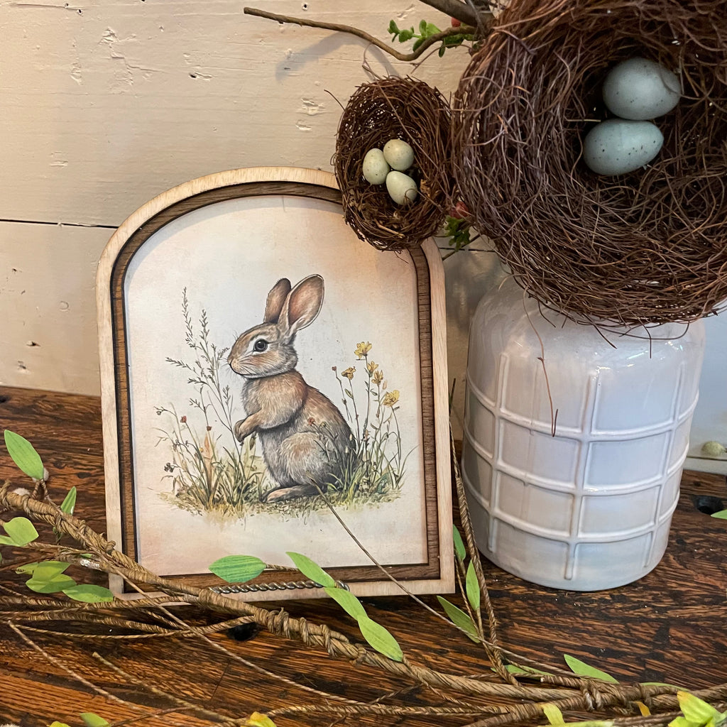 Bunny in wildflowers canvas in Small Arch Frame