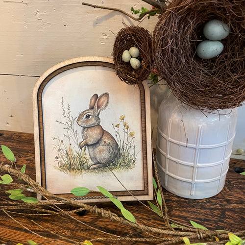 Bunny in wildflowers canvas in Small Arch Frame