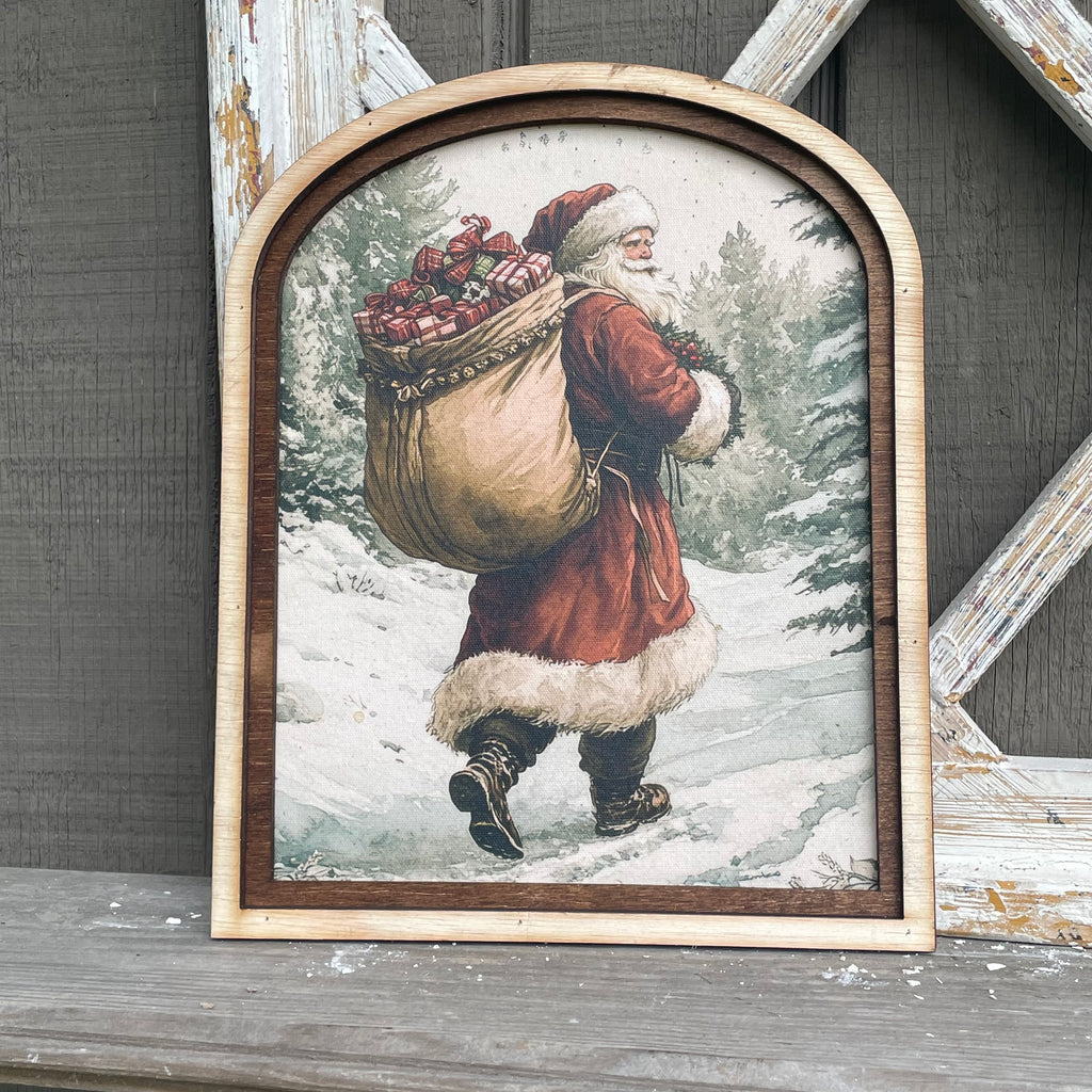 Santa on Snowy Path in Arched Frame