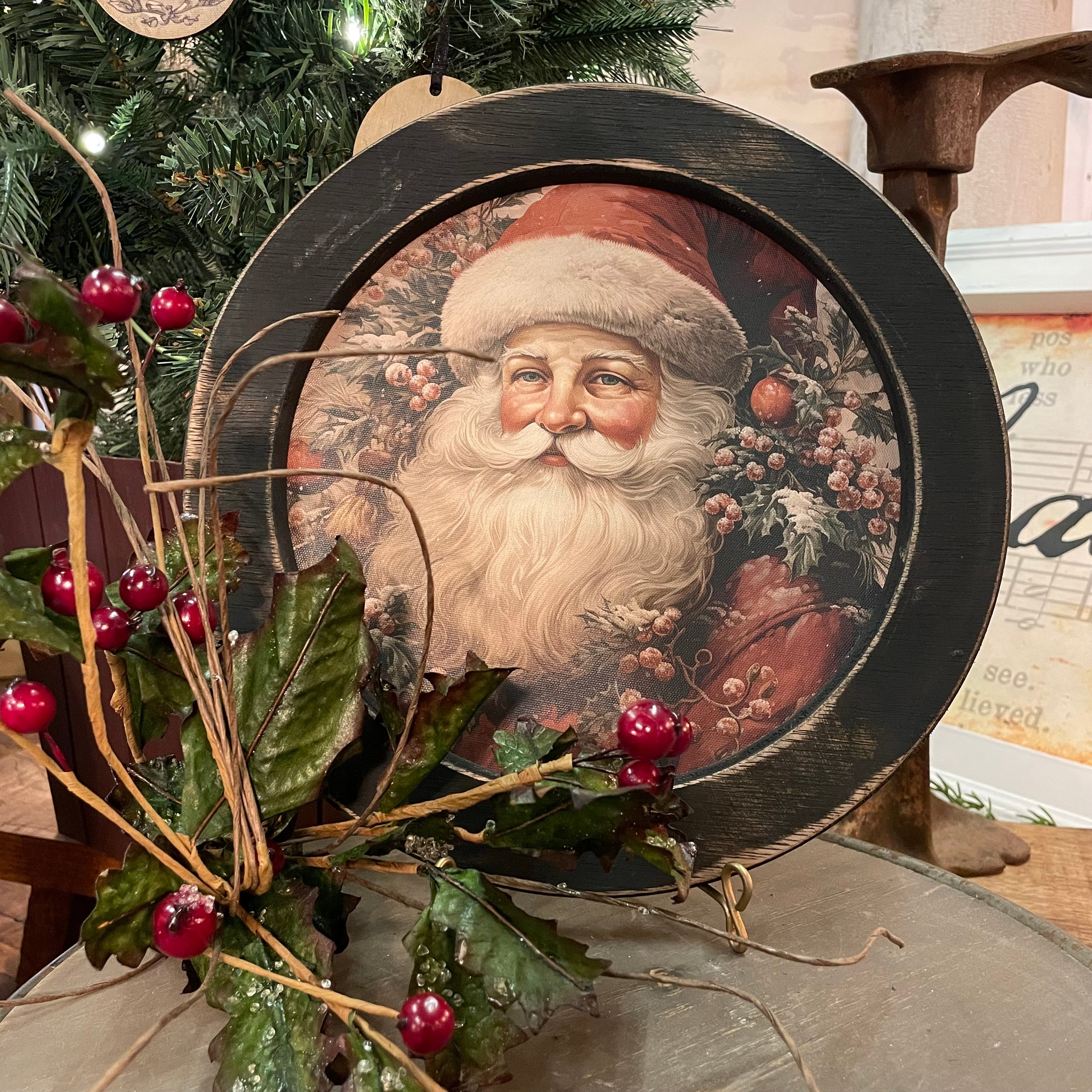 Round Holly Jolly Santa Framed Canvas