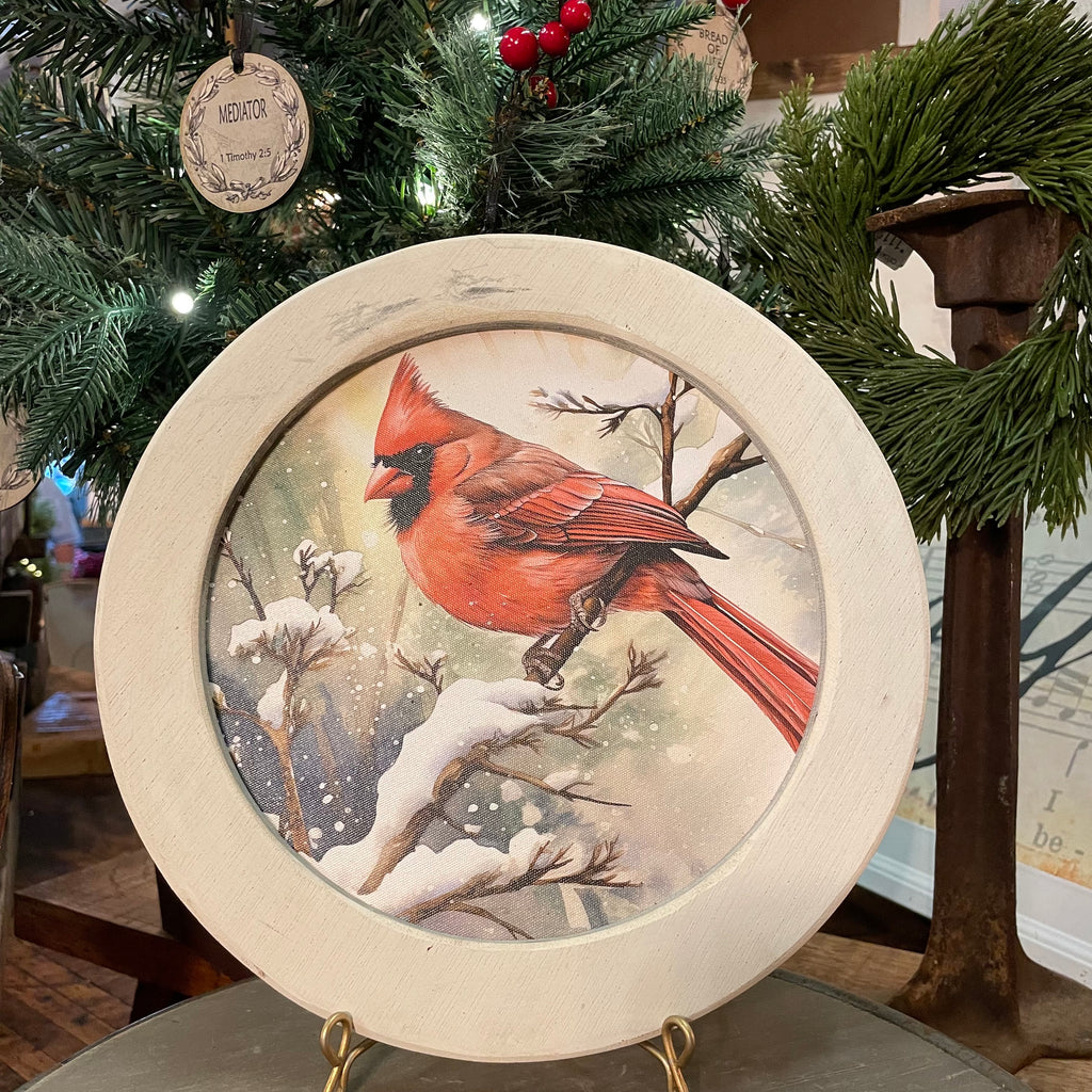 Round Snowy Cardinal Framed Canvas