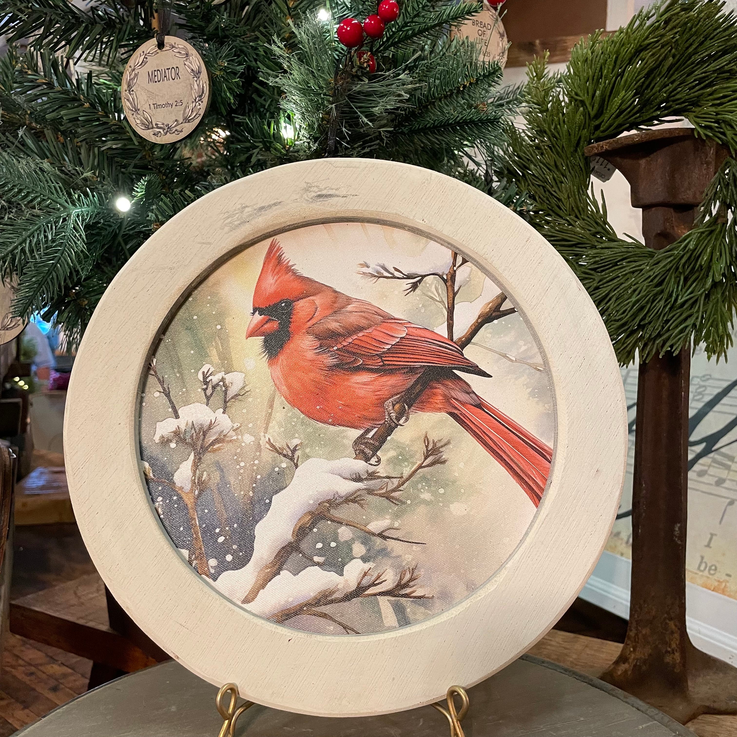 Round Snowy Cardinal Framed Canvas