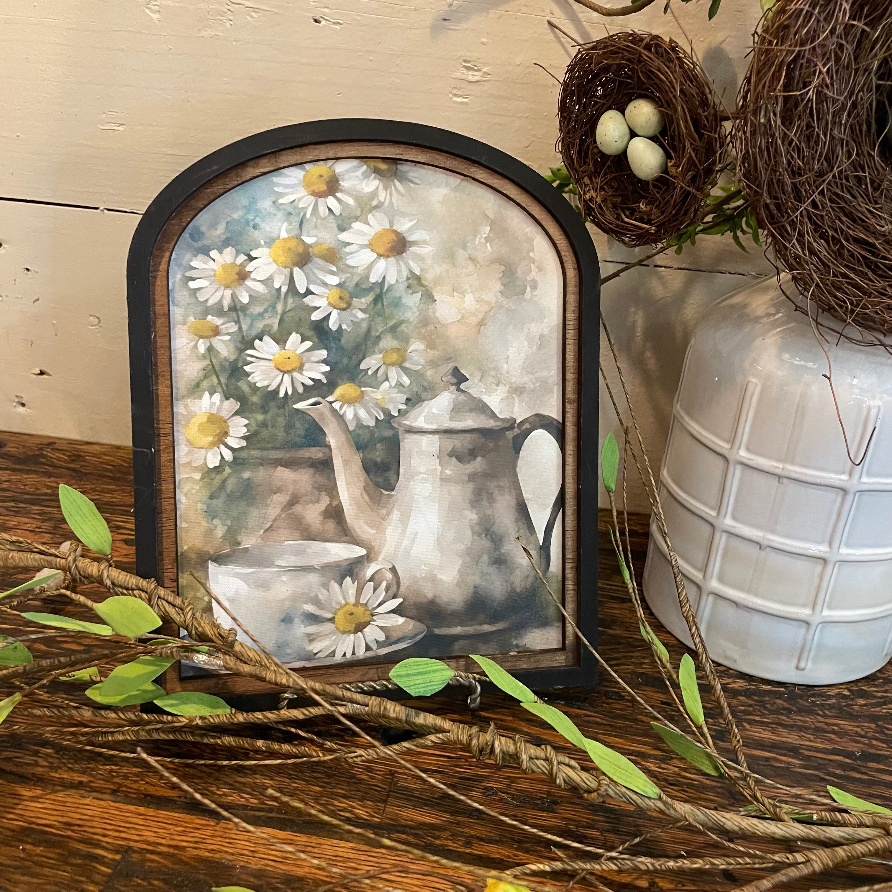 Daisy and Teapot Canvas Print in Arched Frame