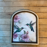 Hummingbirds with pink flowers Canvas Print in Arched Frame