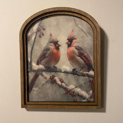 Cardinals on snow branch framed in Arched Frame