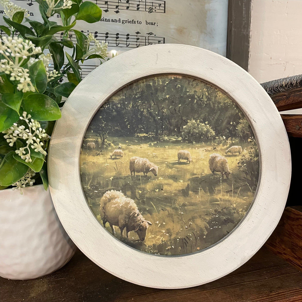 Round Pastoral Lambs Canvas Print in 10" Frame