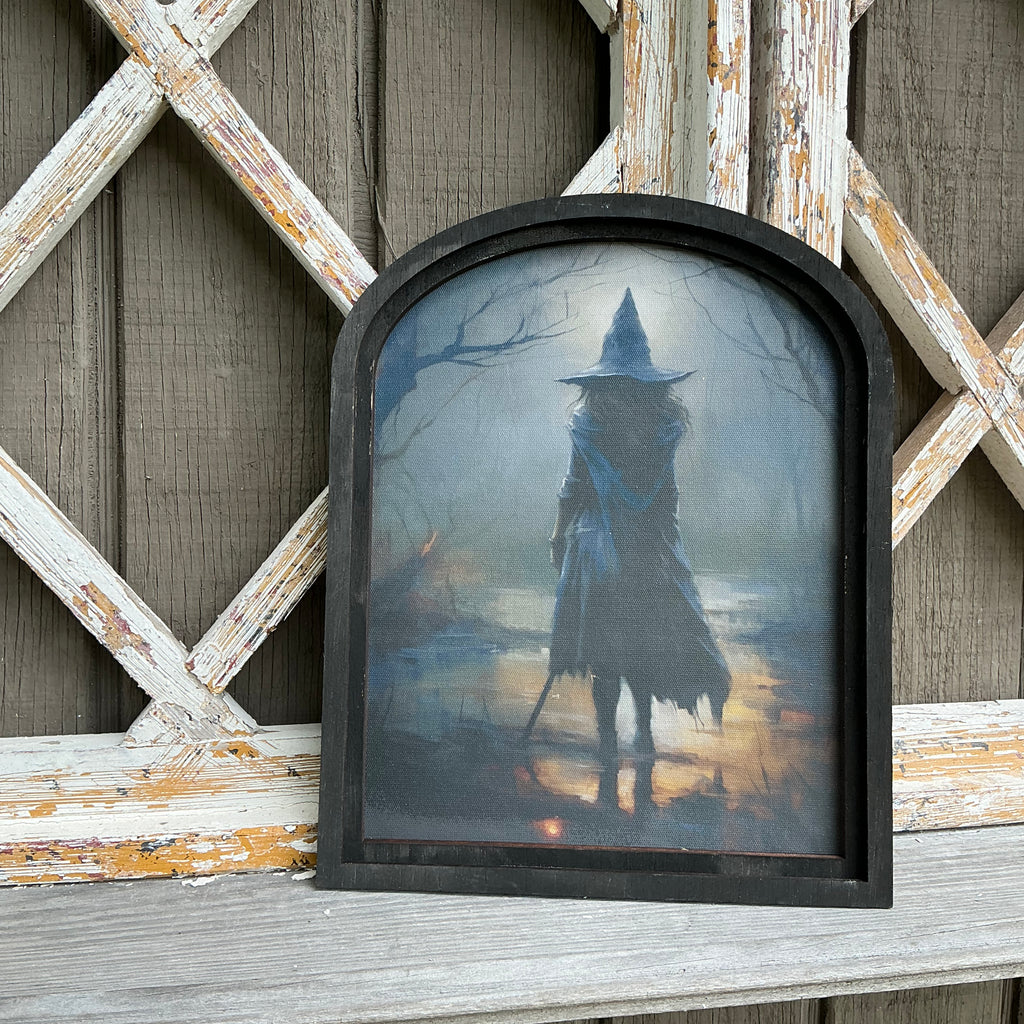 Witch in moonlit forest Canvas Print in Small Arched Frame