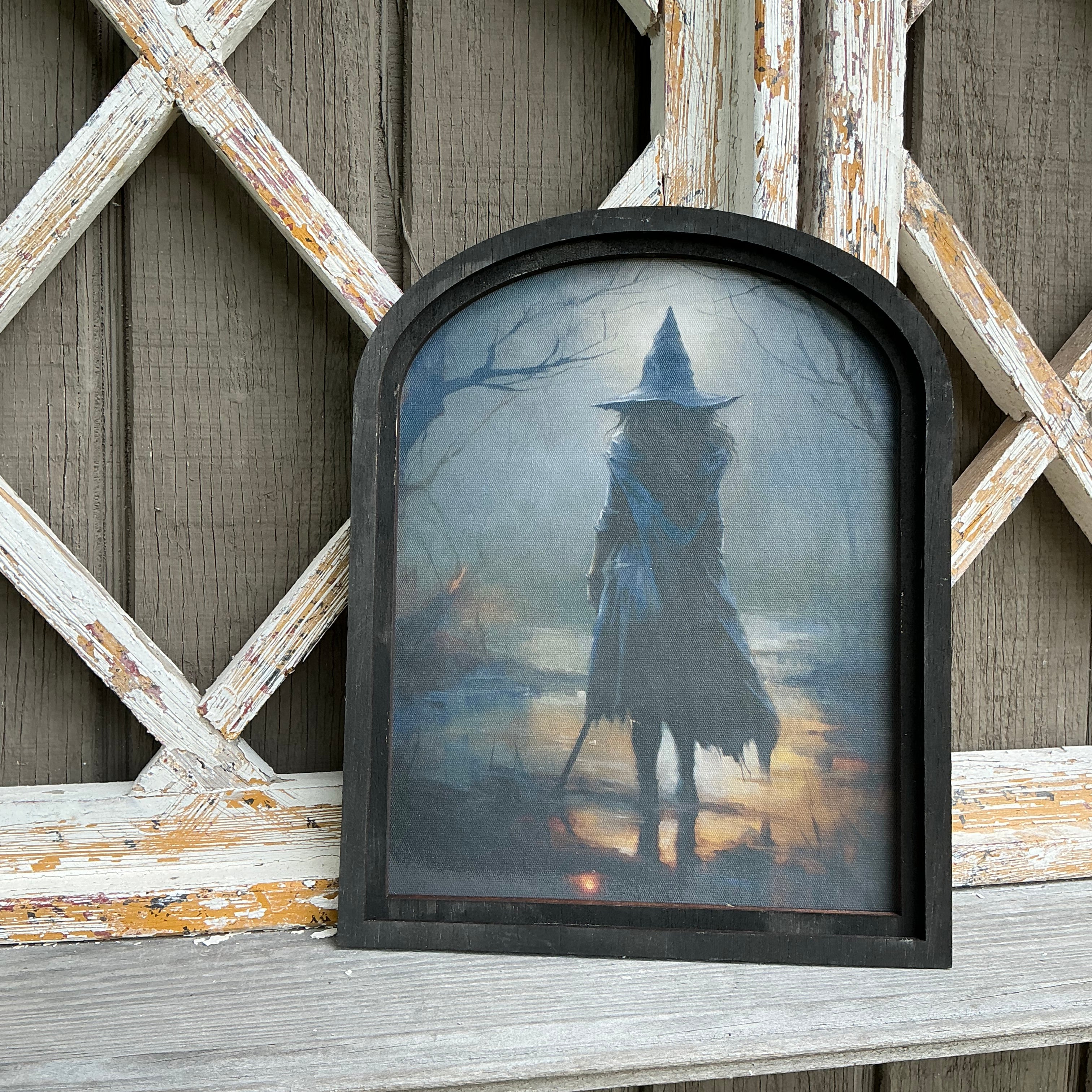 Witch in moonlit forest Canvas Print in Small Arched Frame
