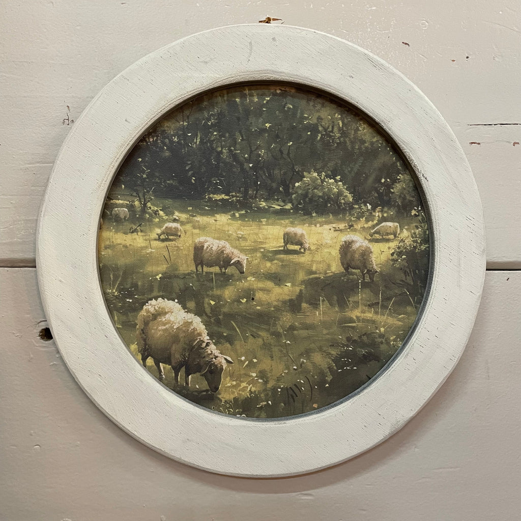 Round Pastoral Lambs Canvas Print in 10" Frame