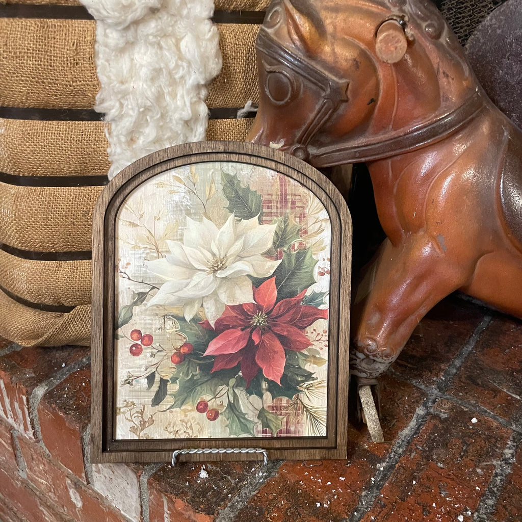 Poinsettia s and Tartan Plaid Ribbon framed in Arched Frame