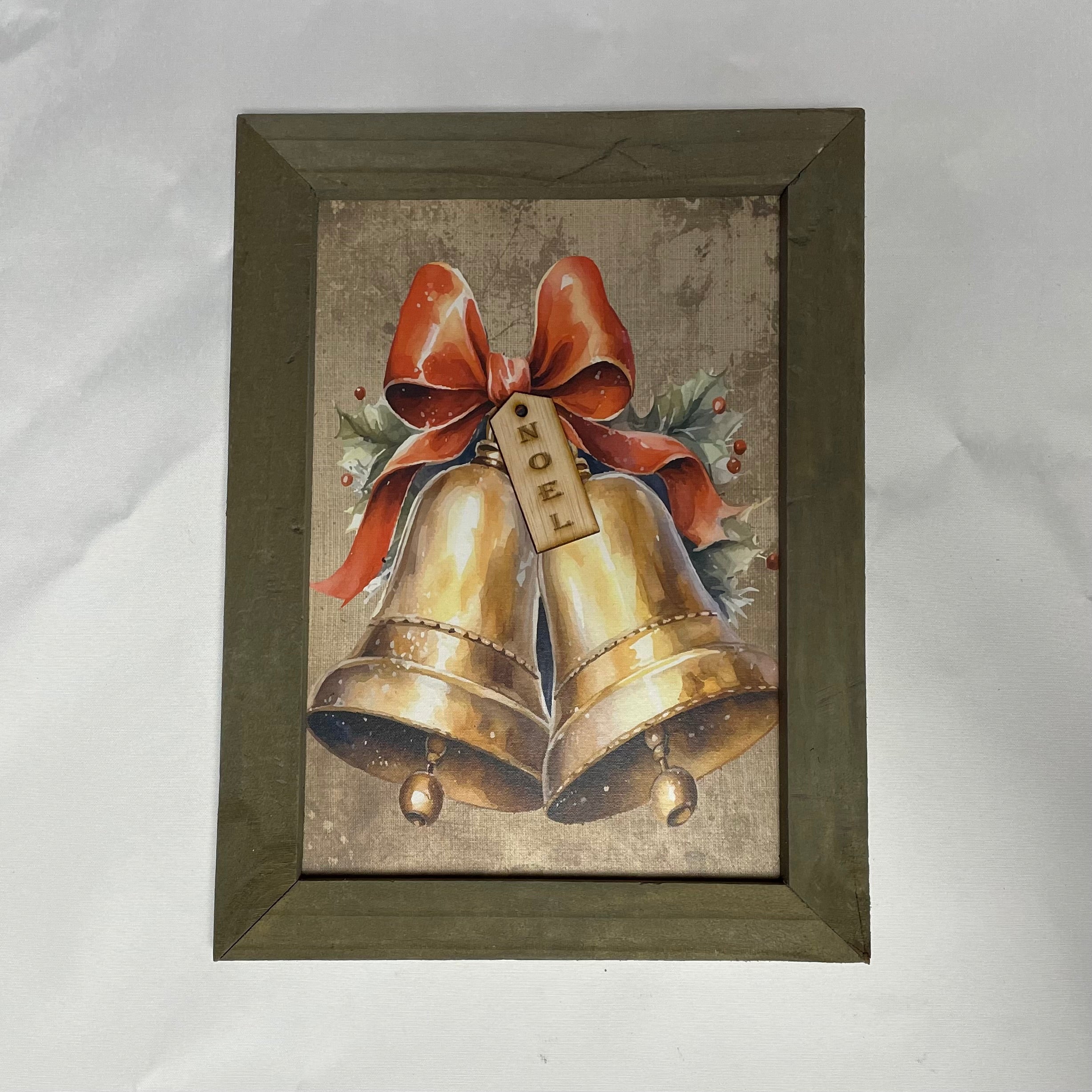 Framed bells with holly and ribbon print in Grey Frame