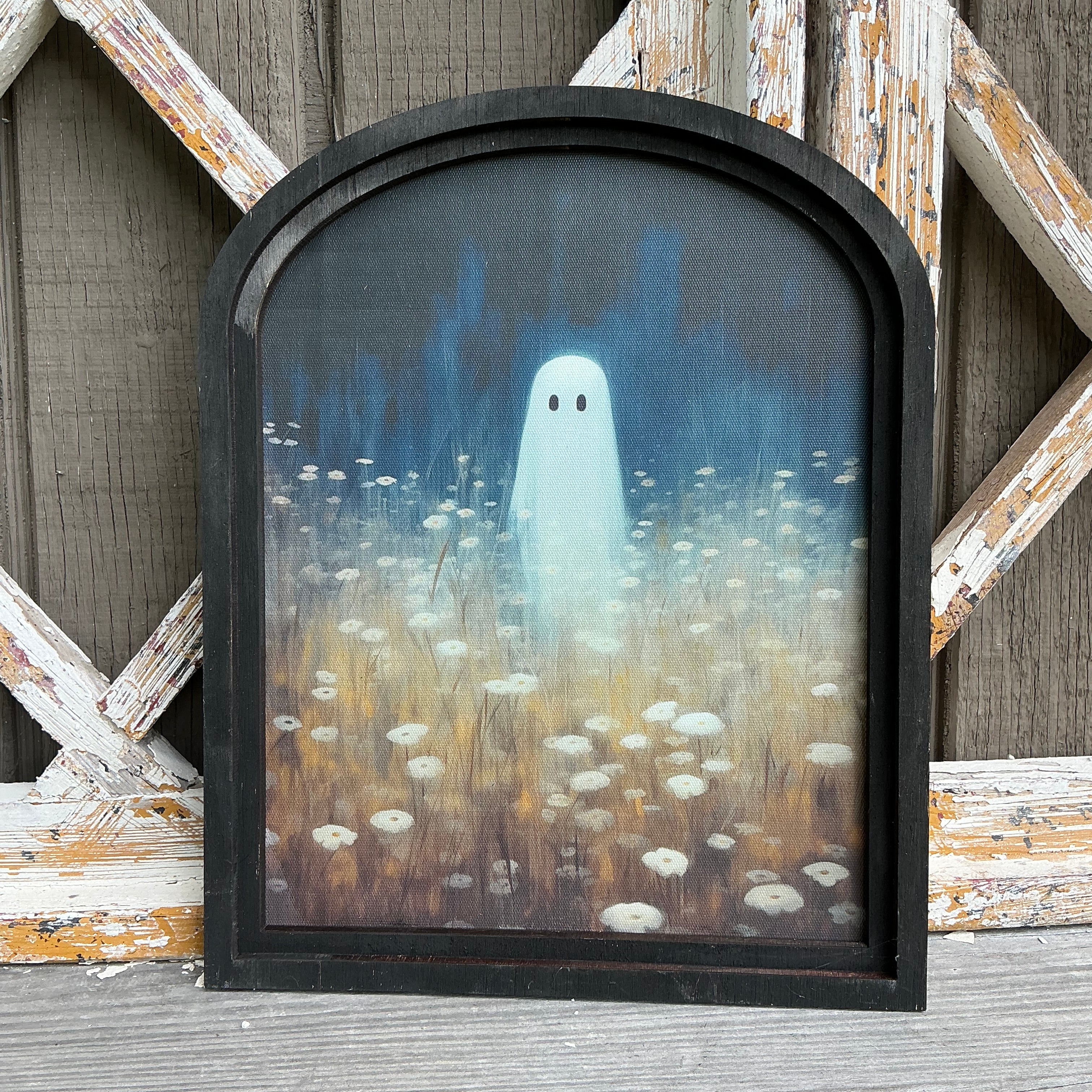 Ghost in field of daisies Canvas Print in Small Arch Frame